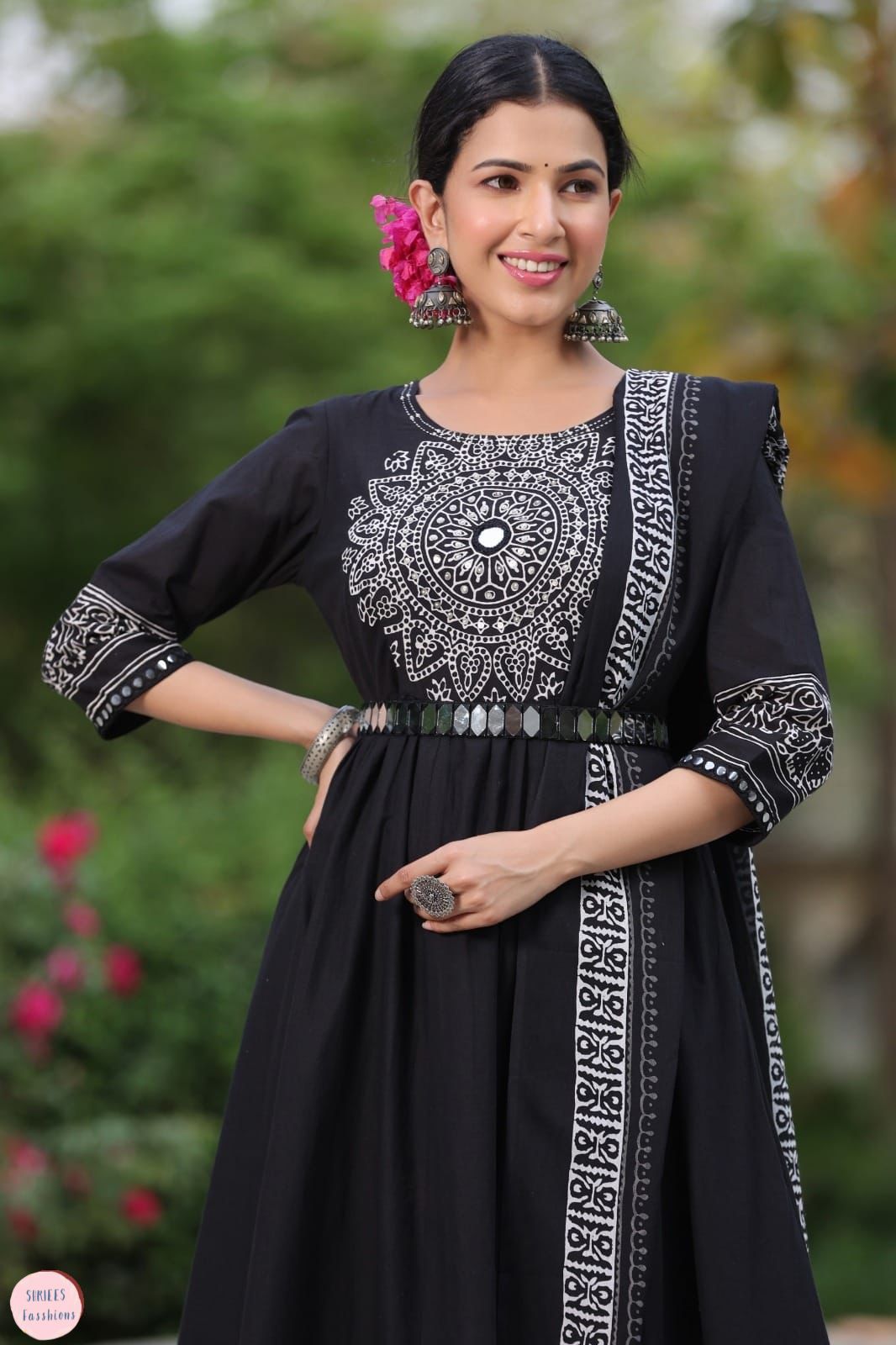 Black Kutch gown with real mirror belt