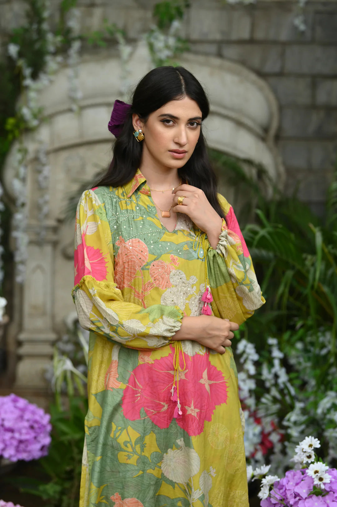 Lime Flower Muslin Kurta Set