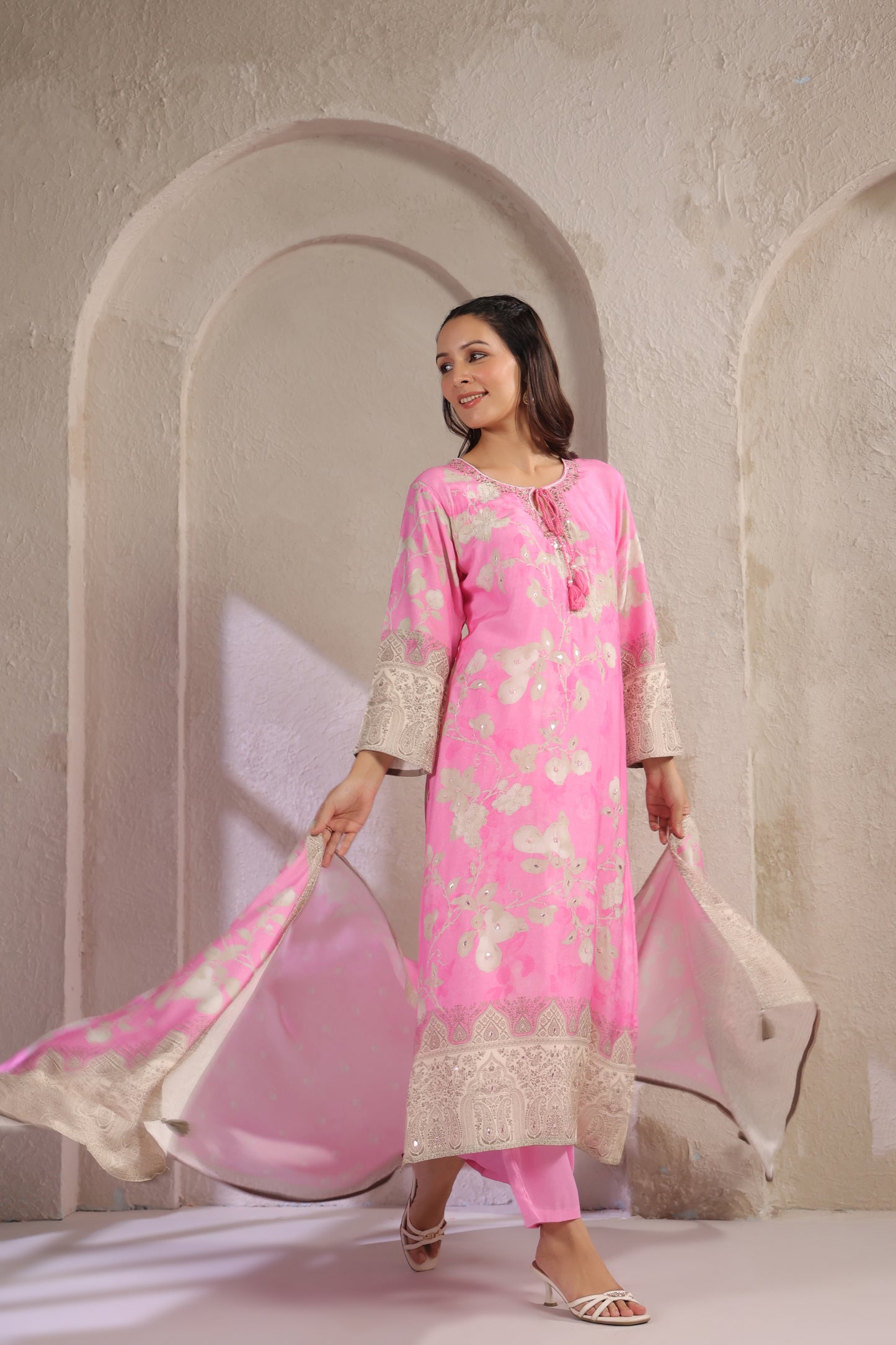 Baby pink digit muslin silk suit