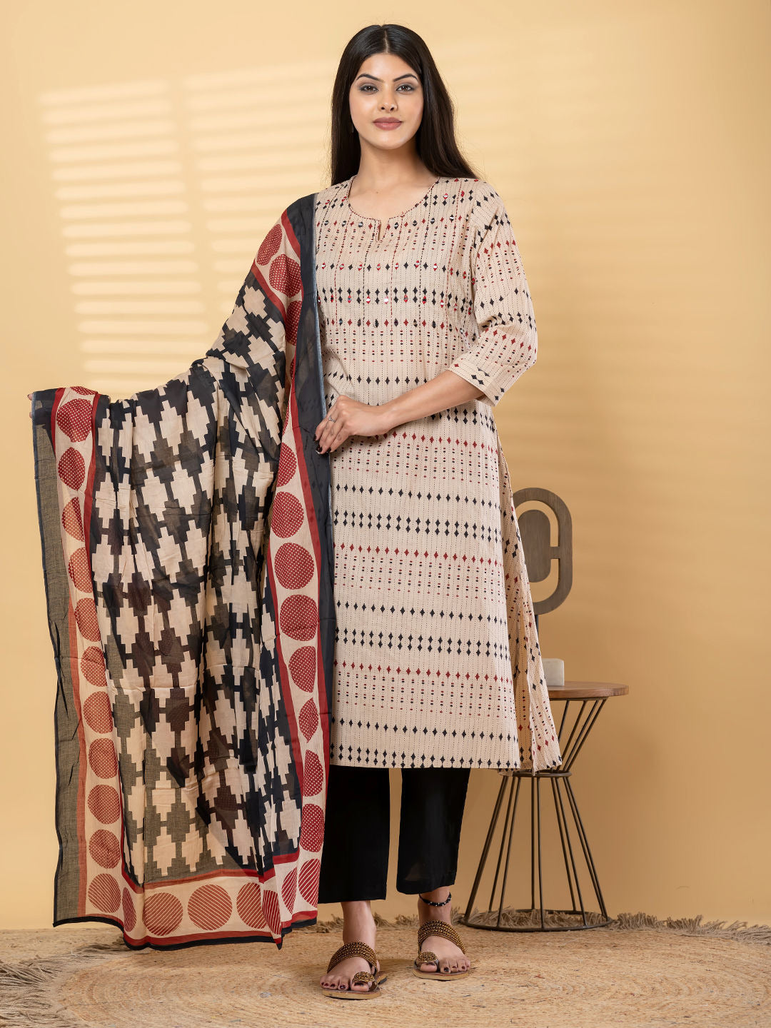 Bagru print small mirror wok details in pure cotton