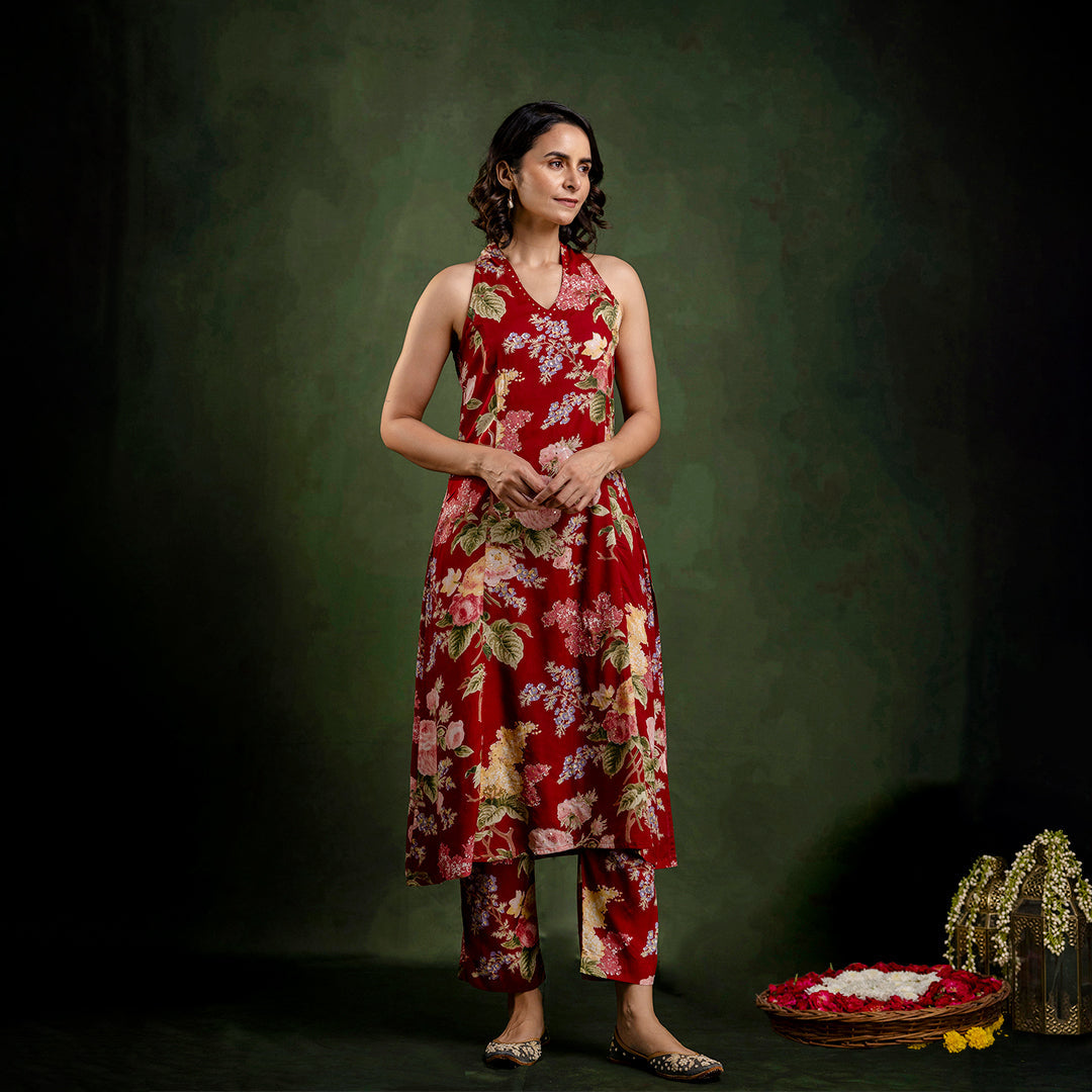 Maroon Printed Modal Embroidered Co-Ord Set