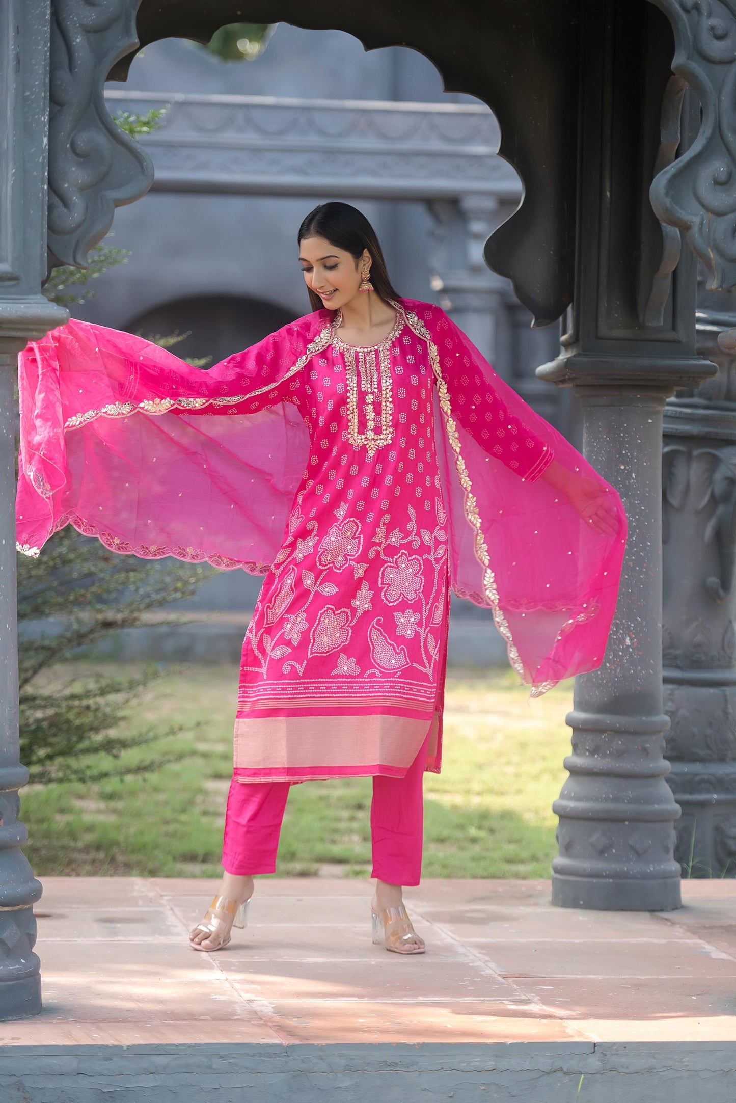 Classy pink Bandhani silk suit