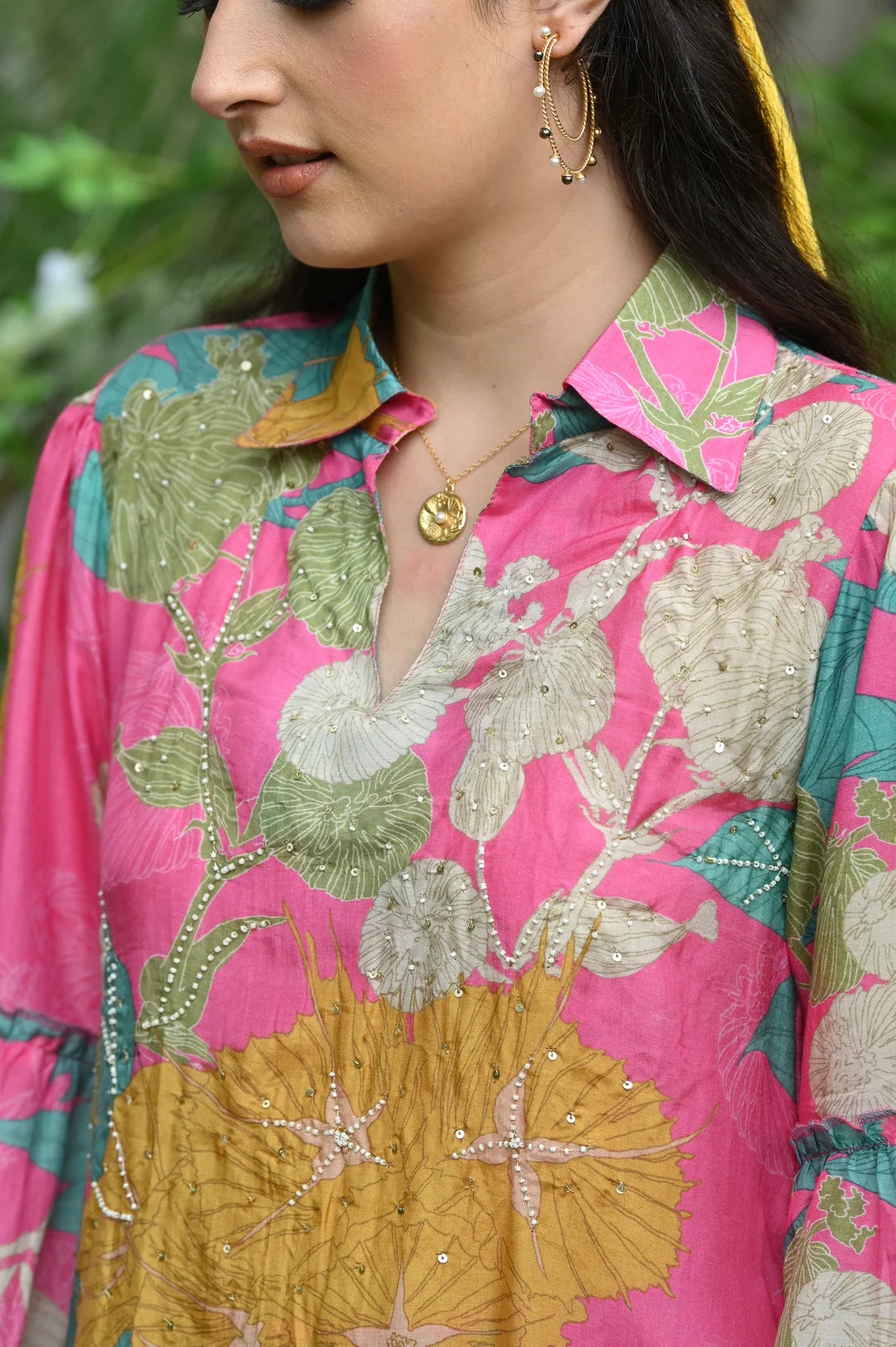Pink Flower Muslin Kurt Set
