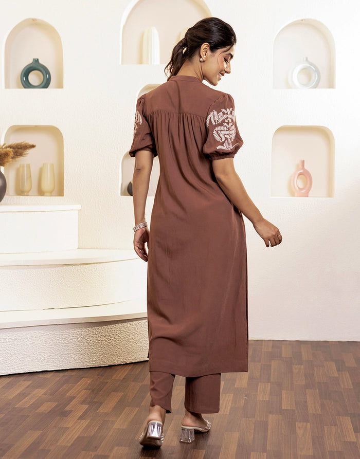 LAMHE EMBROIDERED FRONT OPEN KURTA SET-BROWN