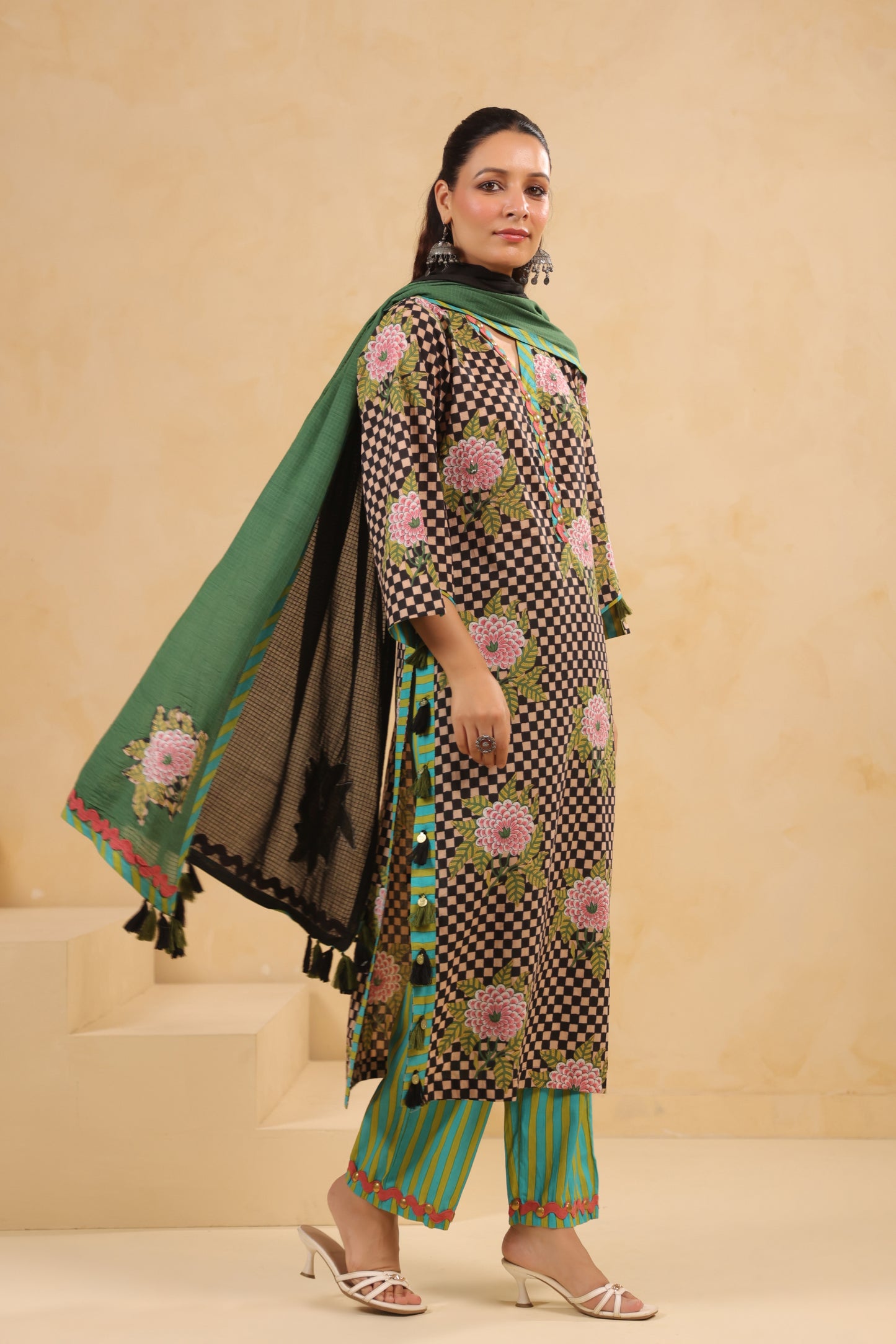Black Gomertical cotton premium suit with beautiful detailing & kota doria dupatta
