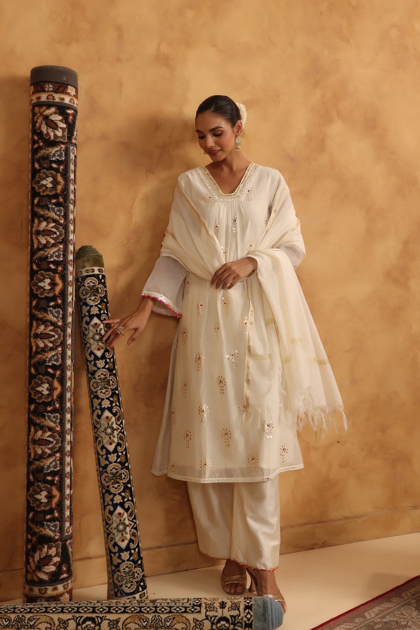 Cream Beautiful gota Full Suit Set With Dupatta In Mul Chanderi Fabric