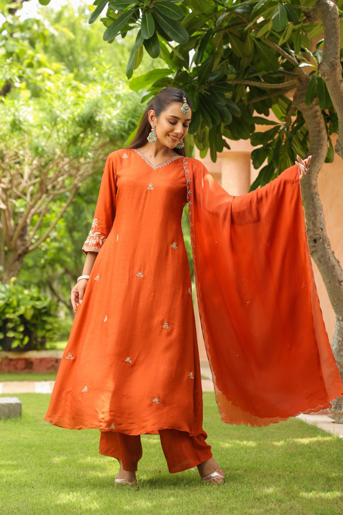 Orange Aline silk handwork suit