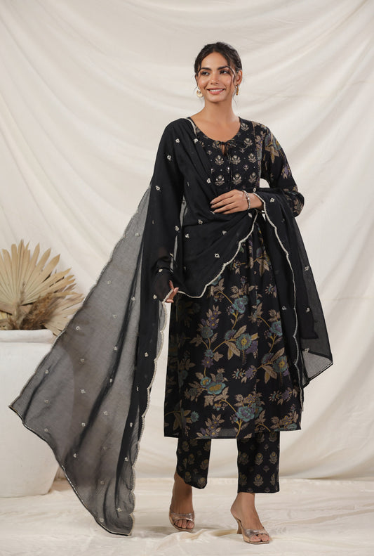 Black floral hand black cotton