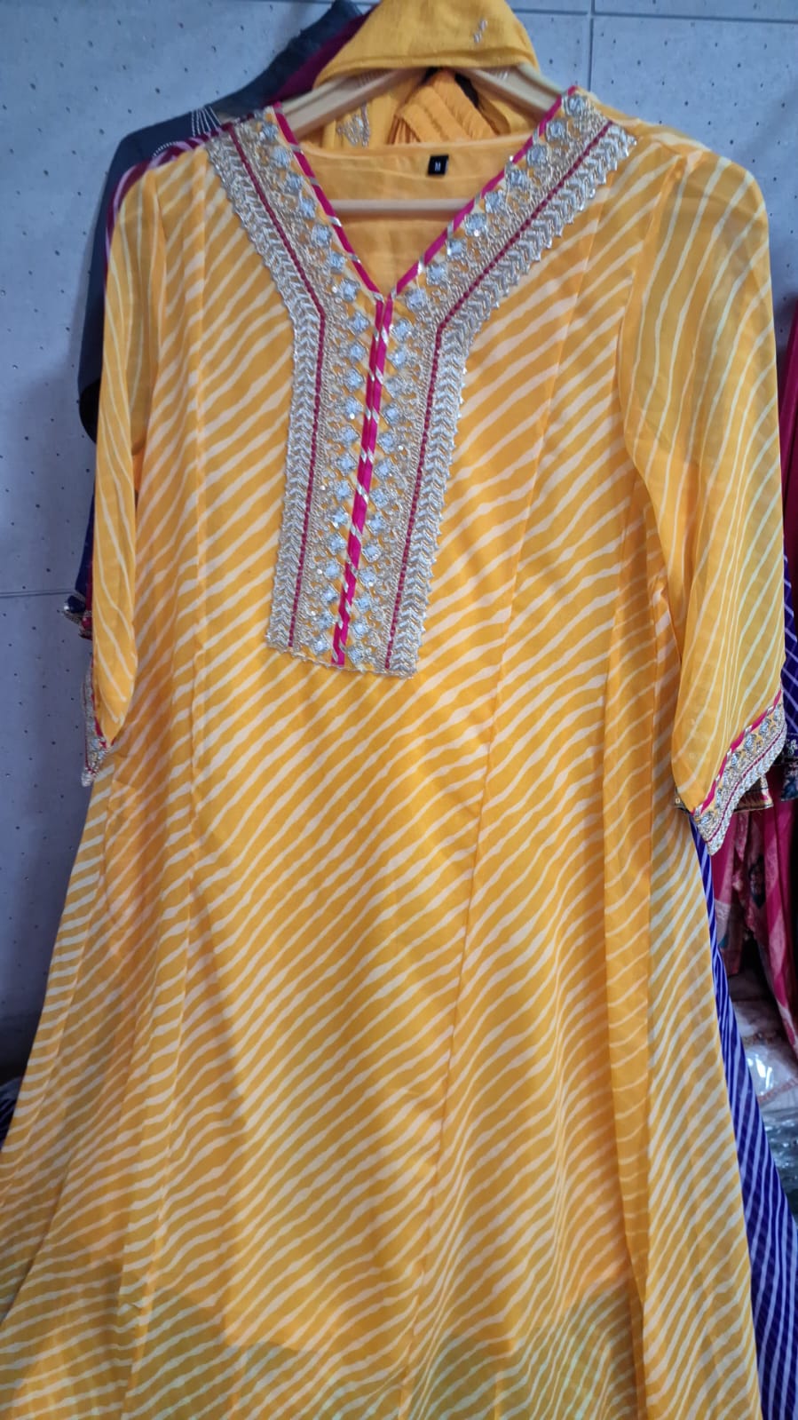 Yellow Georgette lehriya aline suit