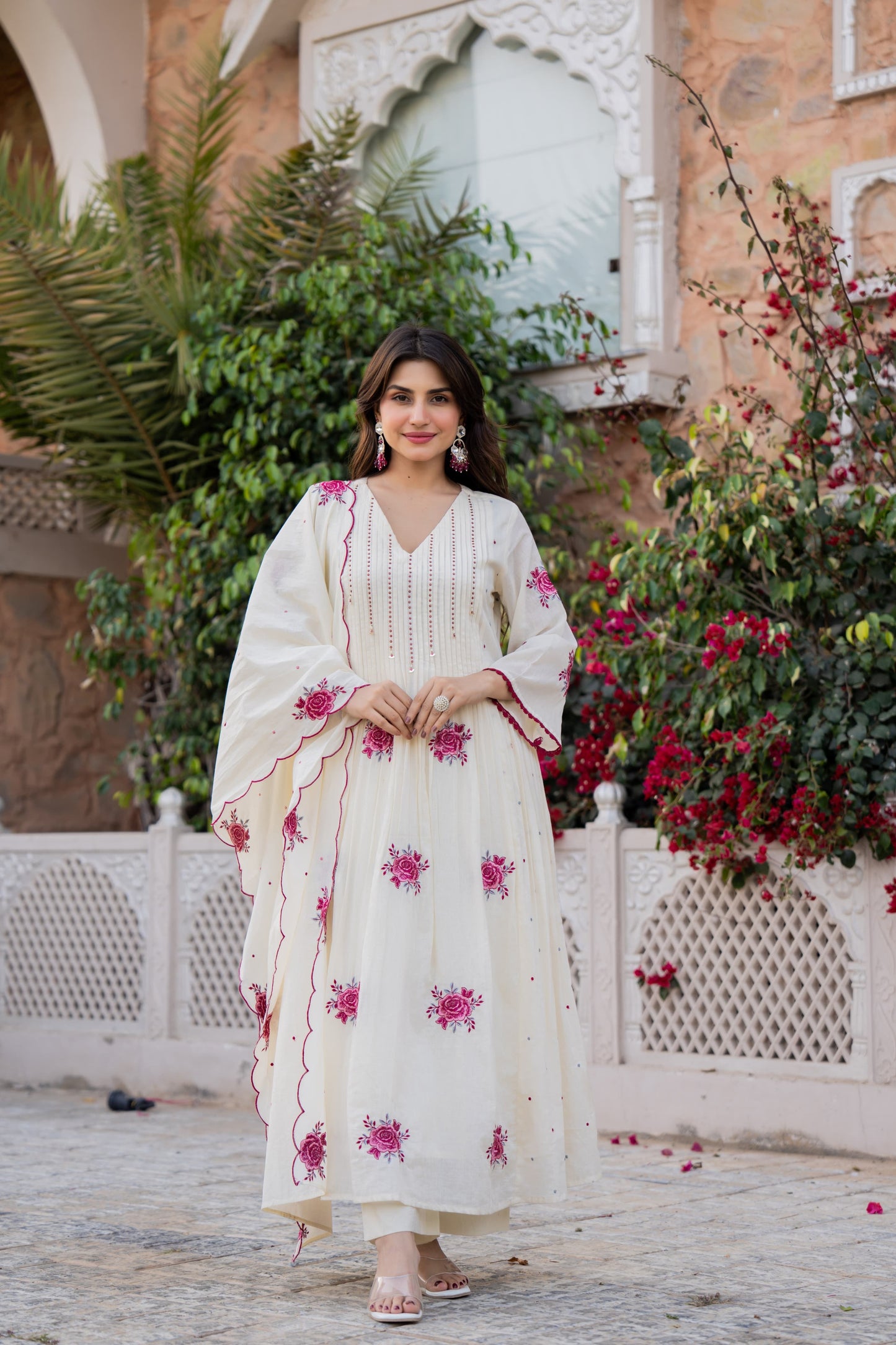 Cream mul cotton embroidery Anarkali