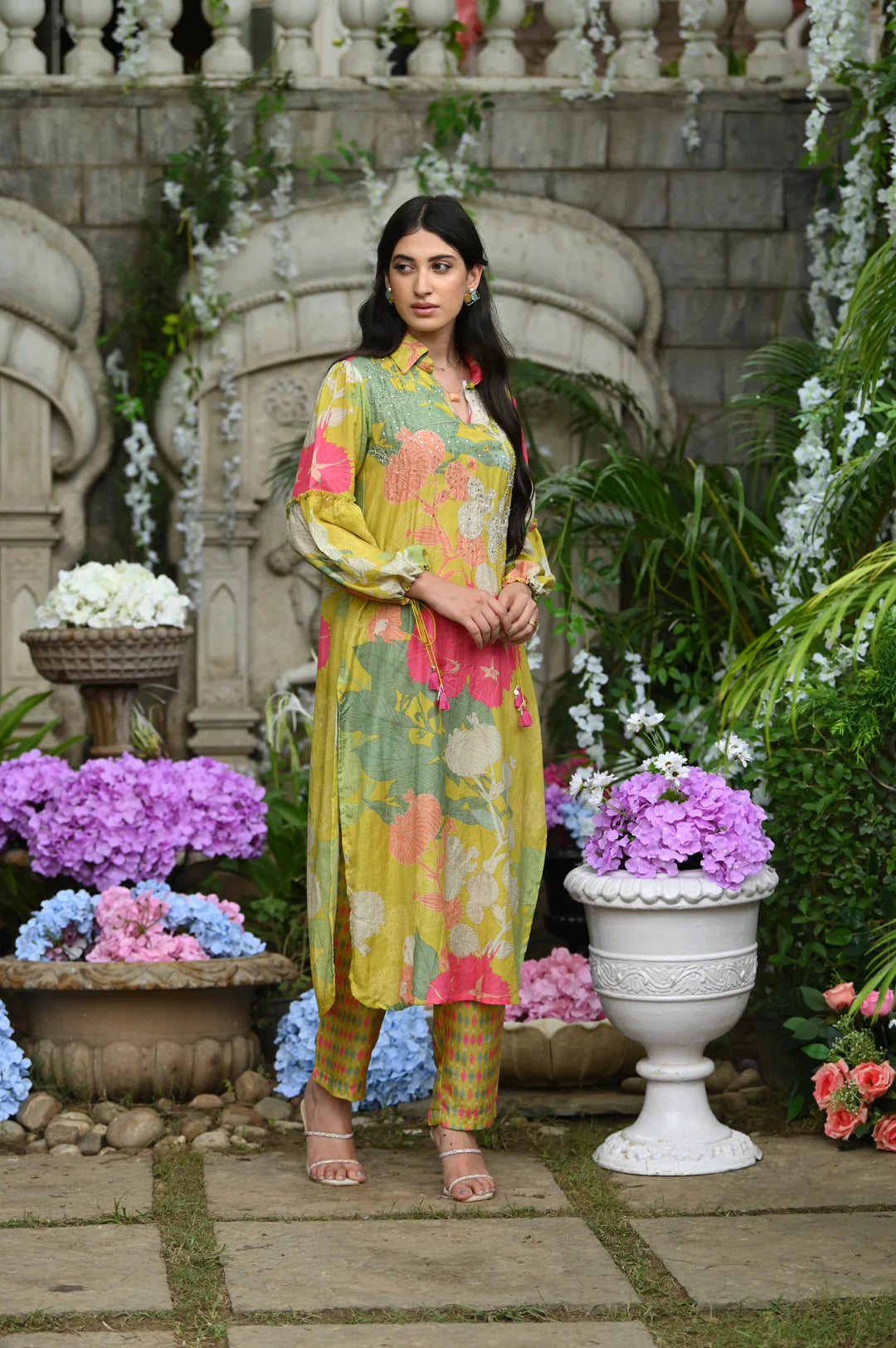 Lime Flower Muslin Kurta Set