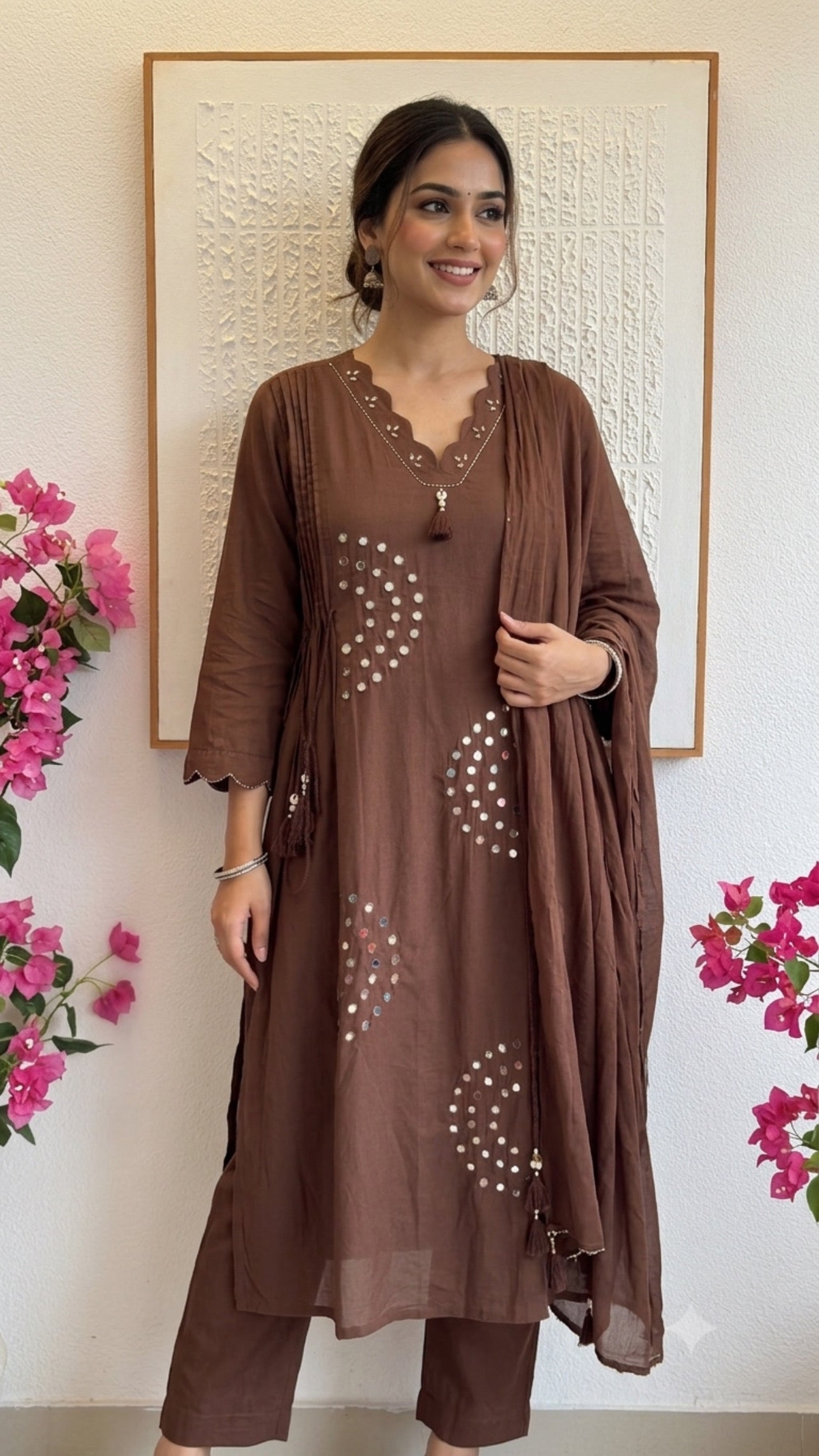 Brown & cream cotton suit with real mirror work