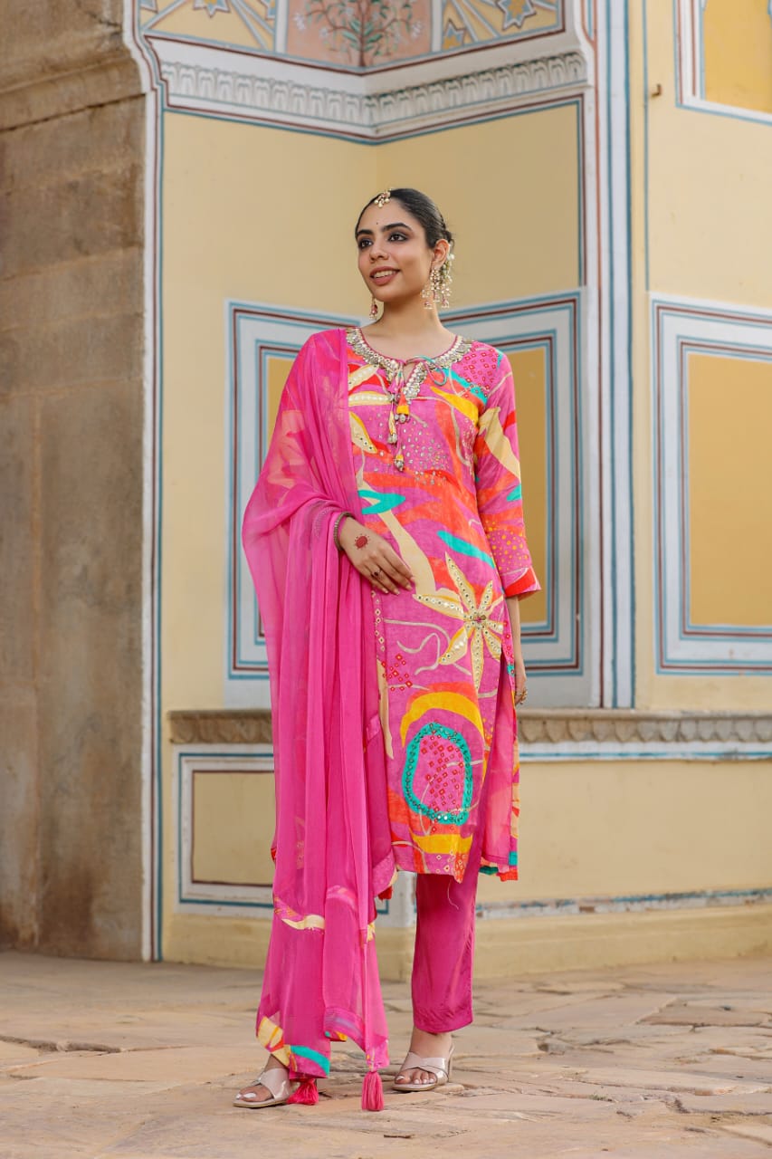 Blue and pink muslin silk
