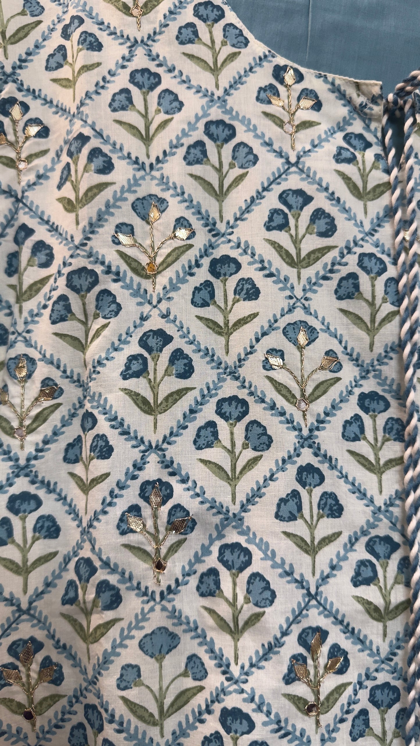 Blue cotton block kota doria dupatta suit