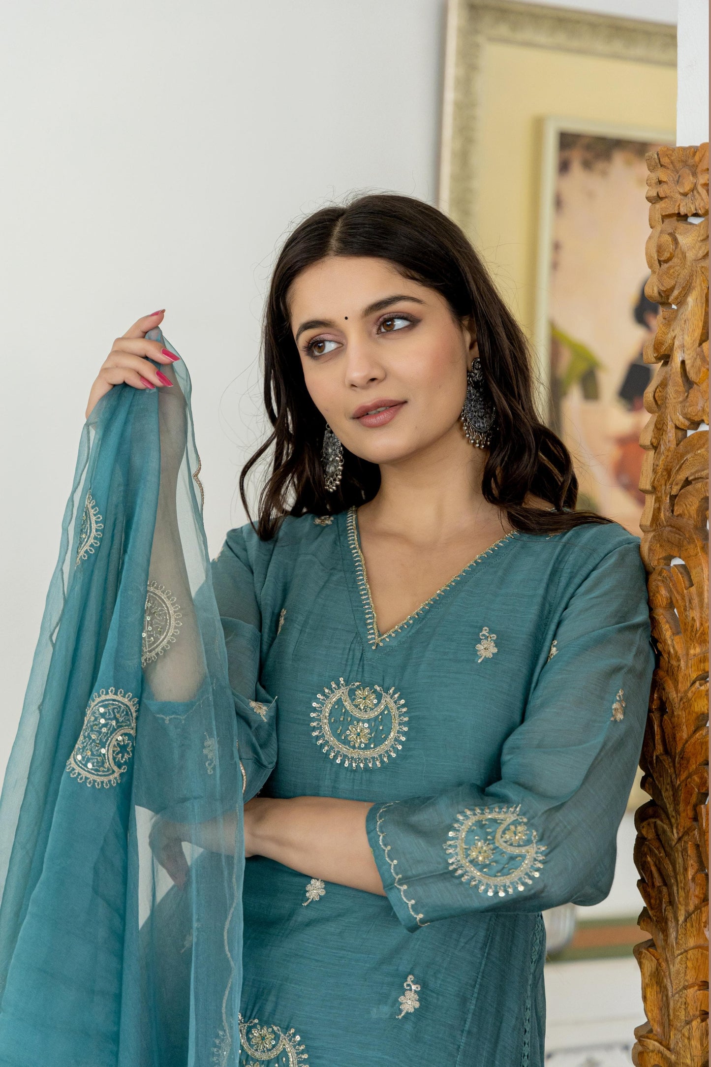 Metalic blue mul chandari suit