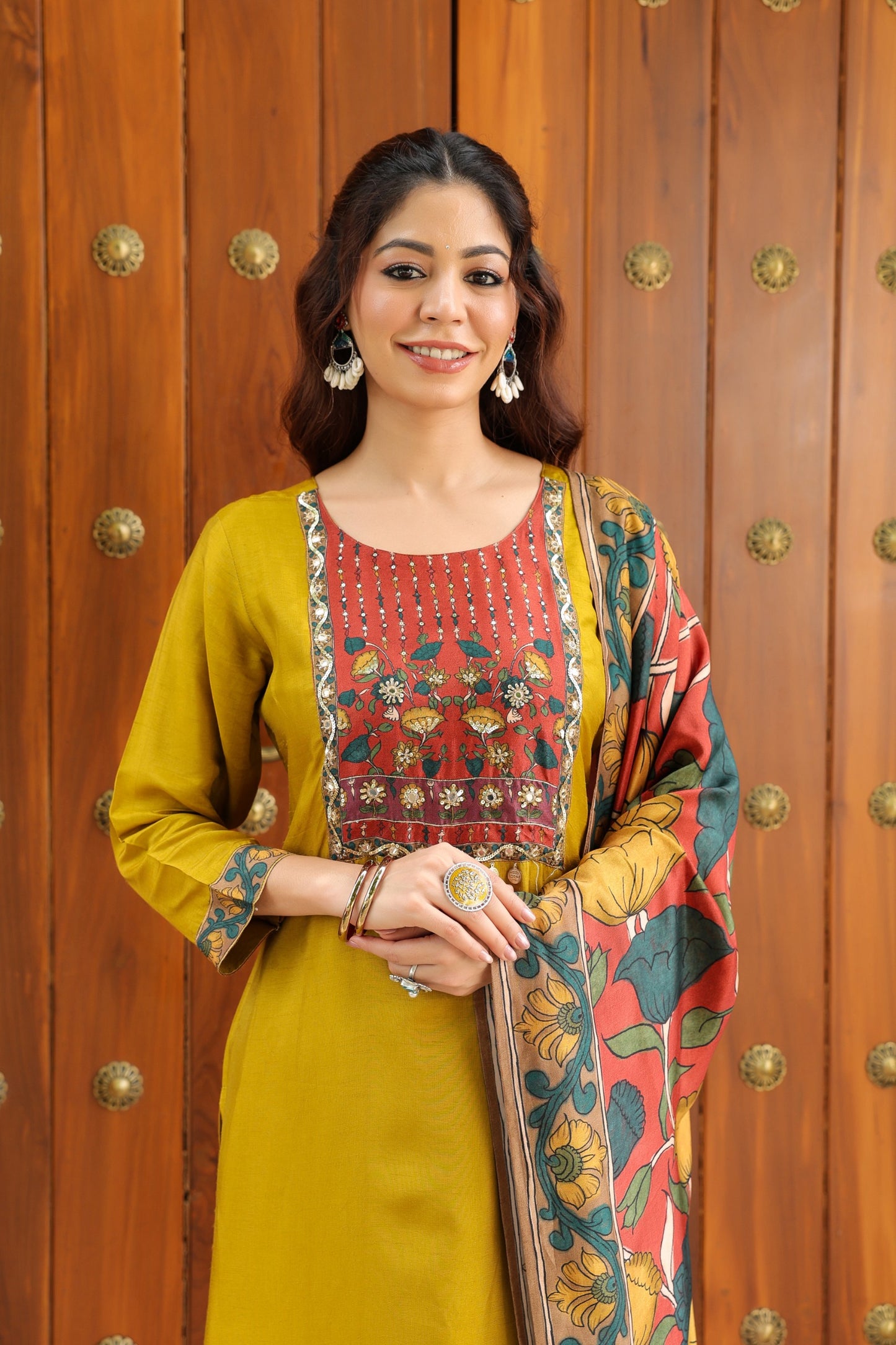 Yellow silk Kamkari suit