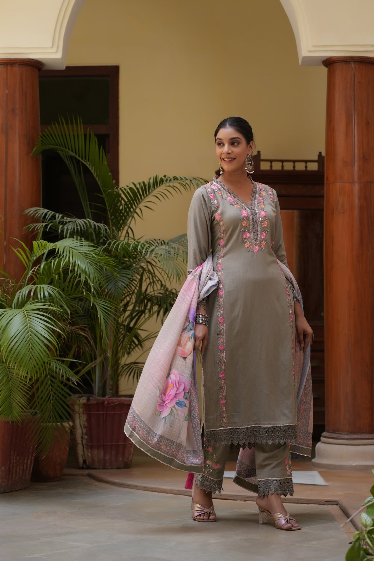Grey muslin Parsi work