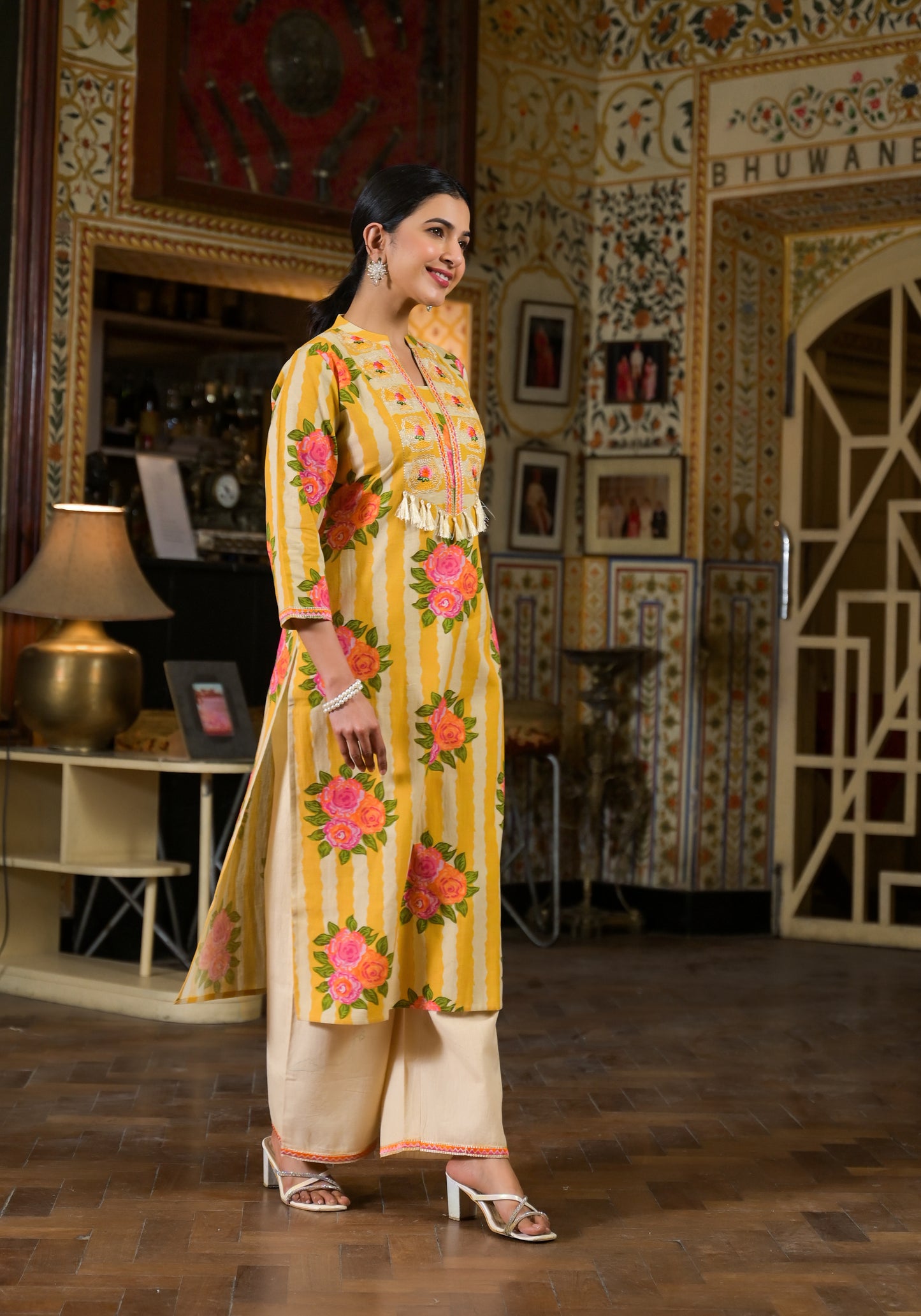 Stripe yellow floral kurta pant