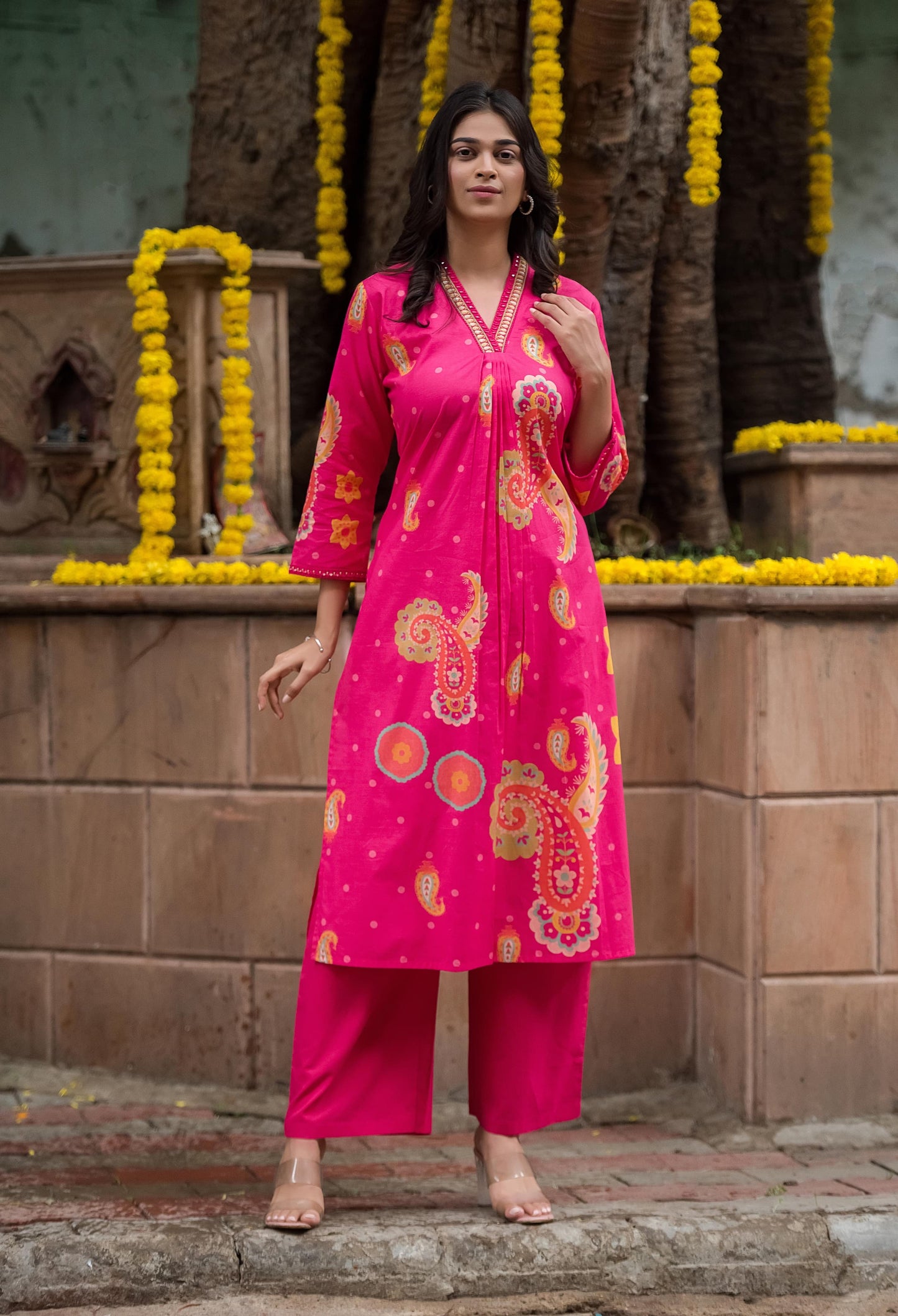 Classy pink print cotton kurta pant