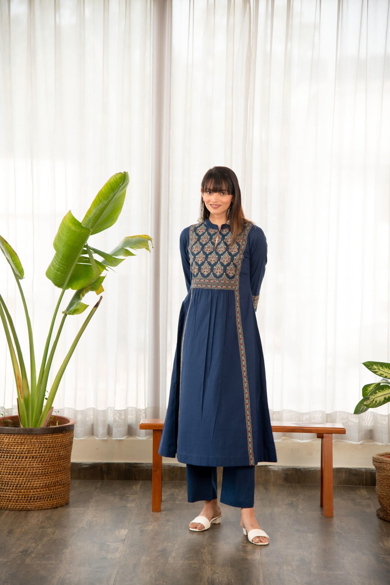Indigo Blue Cotton Printed Yoke A-Line Kurta