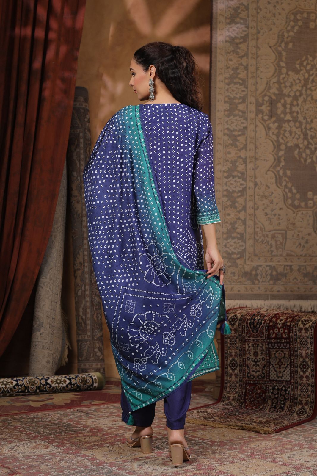 Blue Bandhani muslin silk suit