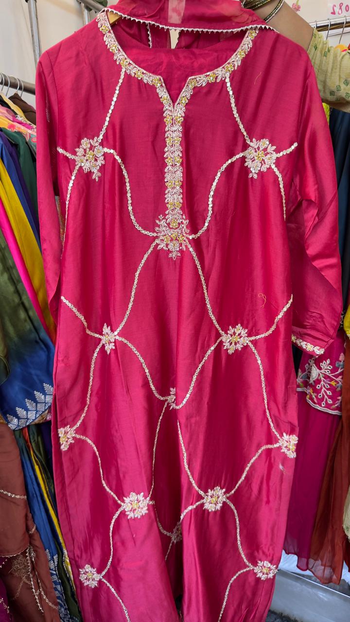 Jal Dan ka work chandari silk suit with organza dup and pants