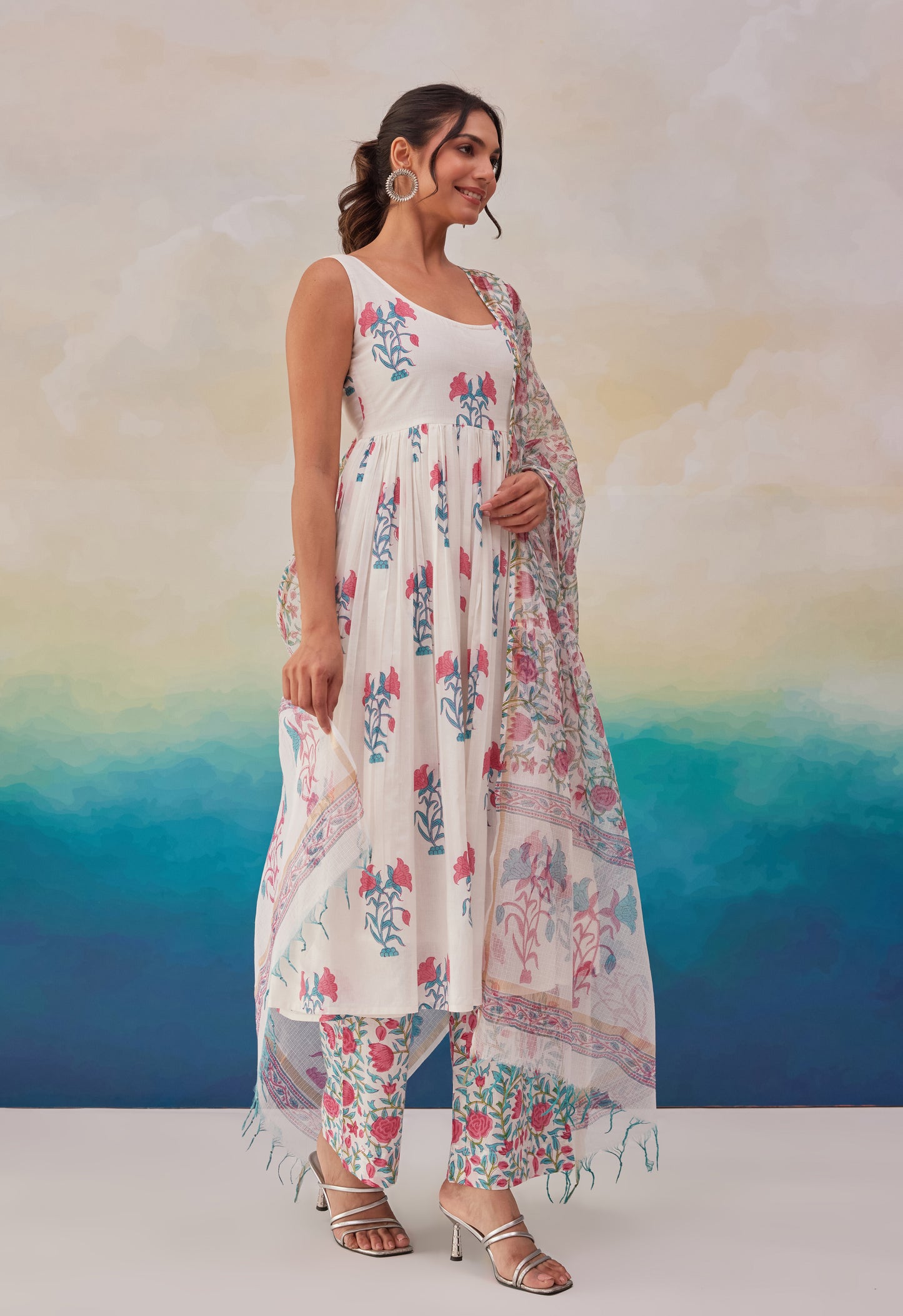 Hand block white pink/blue cotton suit