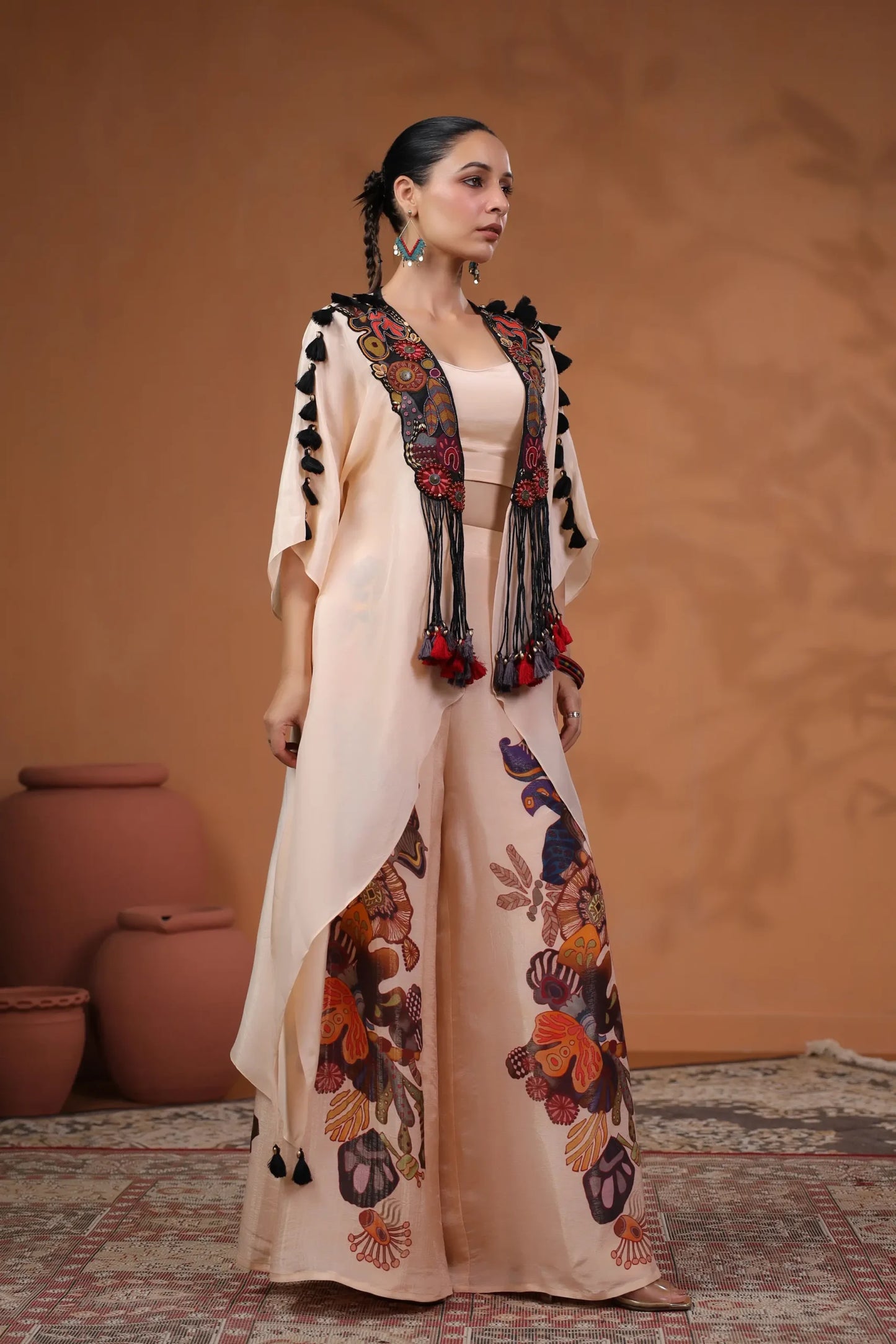3 Piece Set , Printed Trouser Hand Embellished Jacket With Bustier