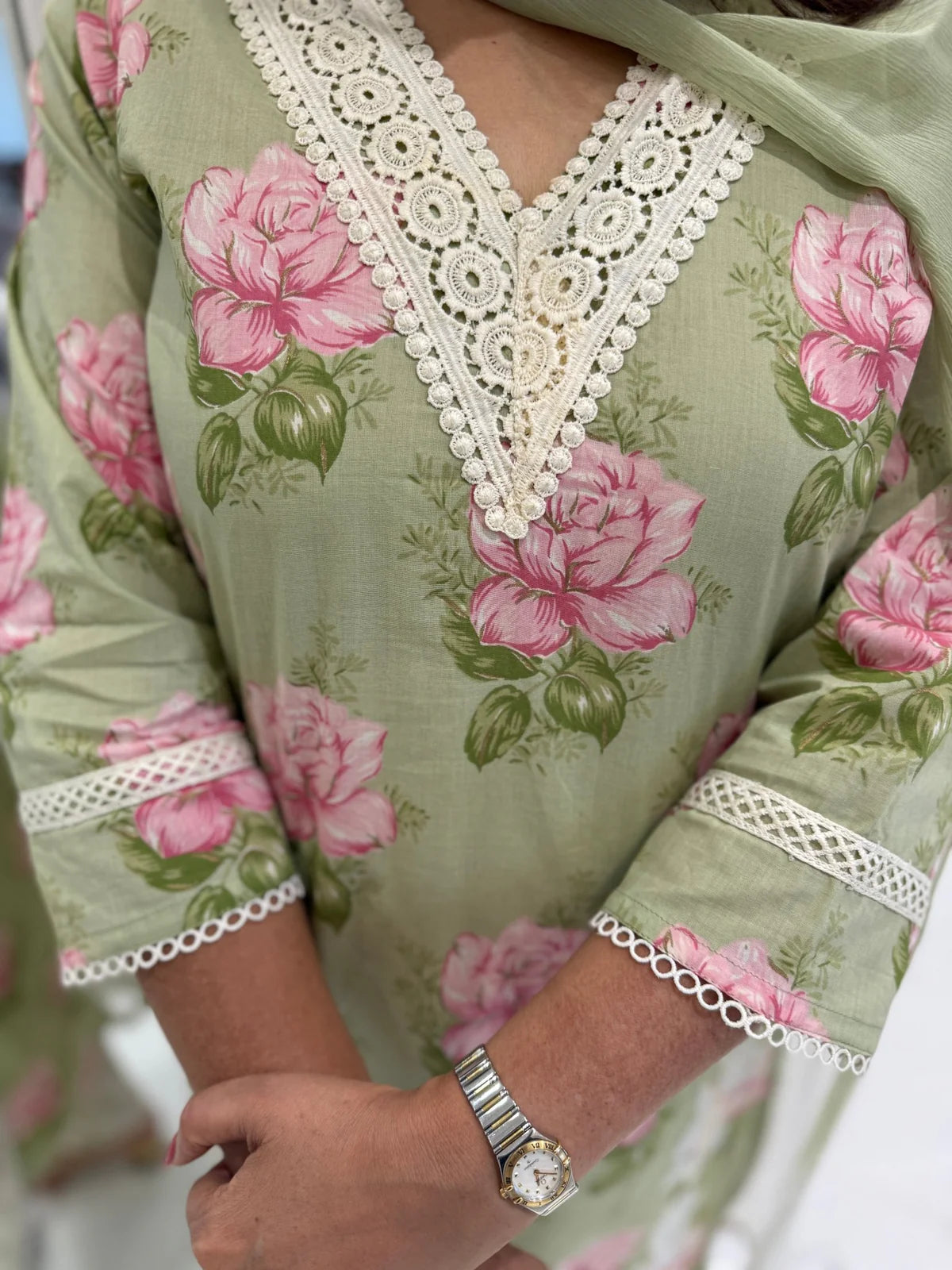 Floral pista green cotton adaa suit