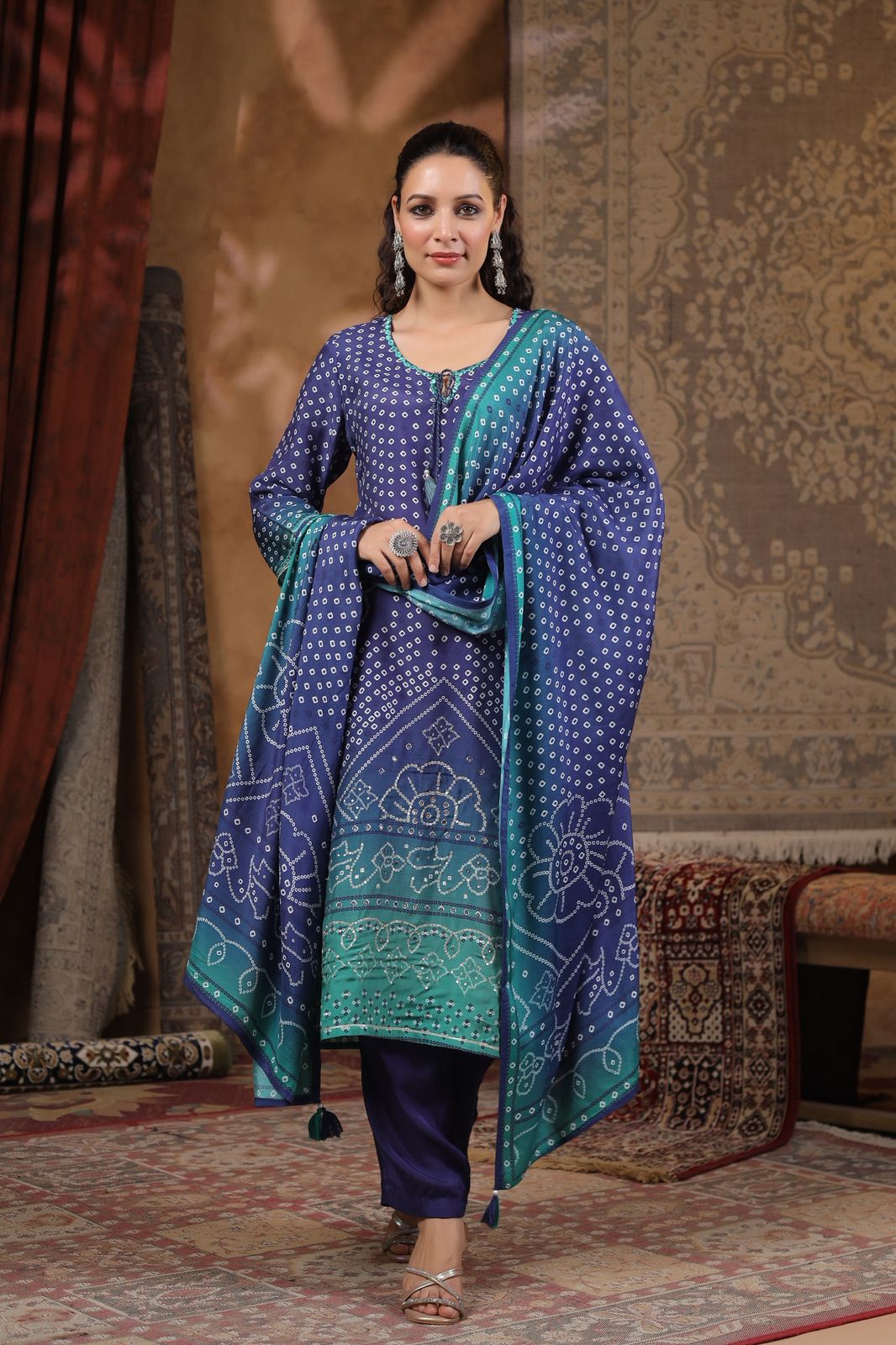 Blue Bandhani muslin silk suit
