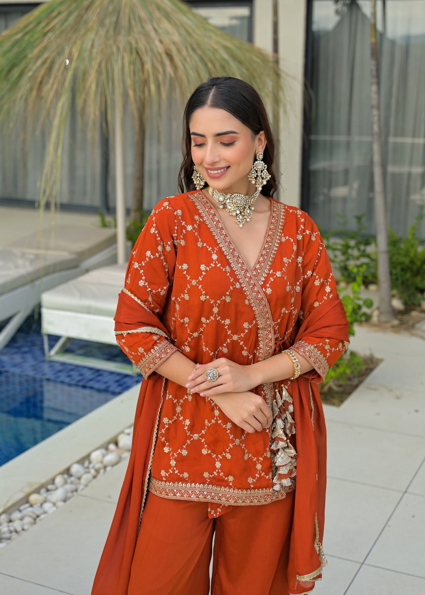 Rust chinon Short top with divider & duppata