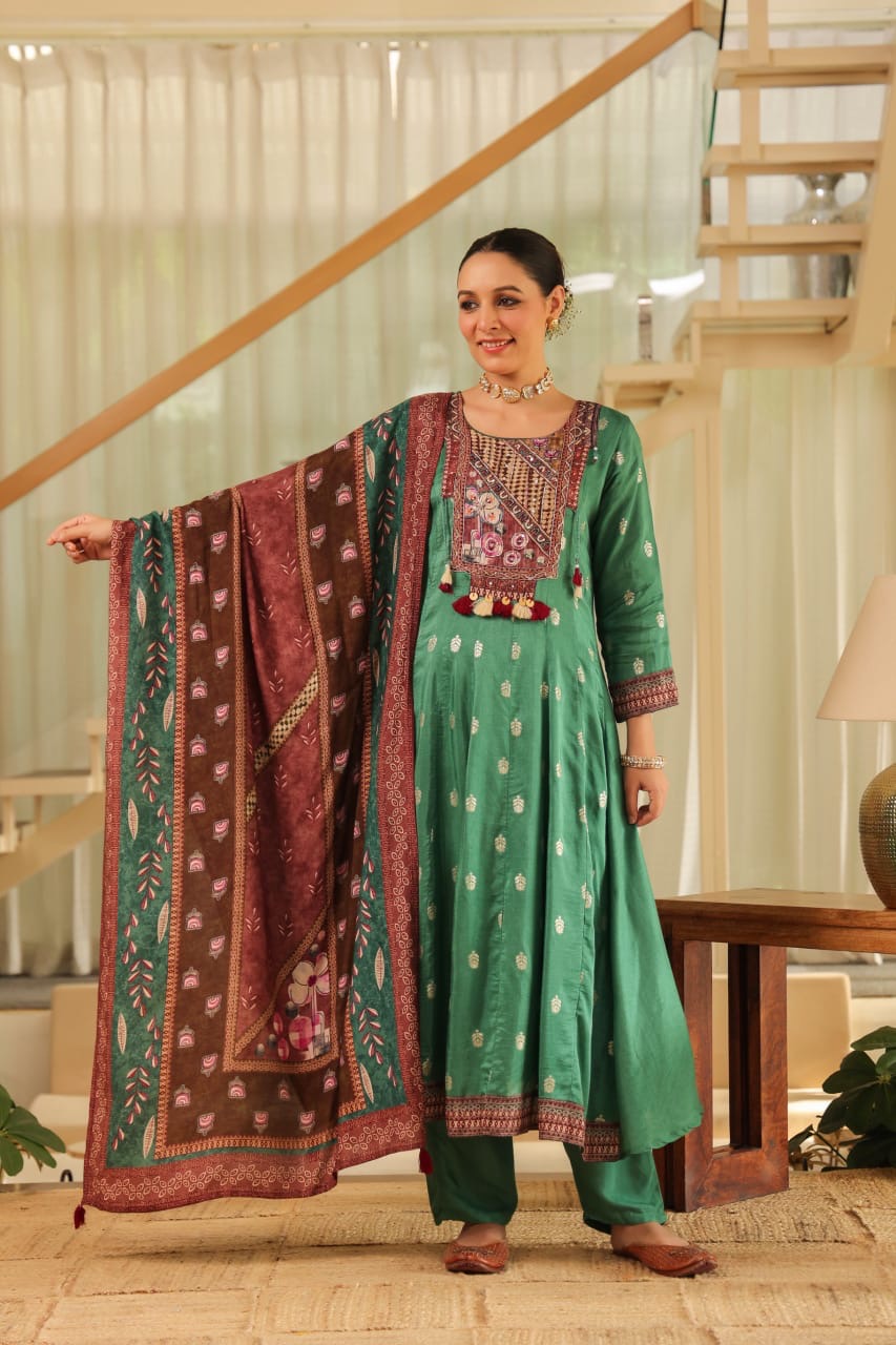 Beautiful green Boho Look Panel Anarkali Full Suit Set With Dupatta In Dola Silk Fabric