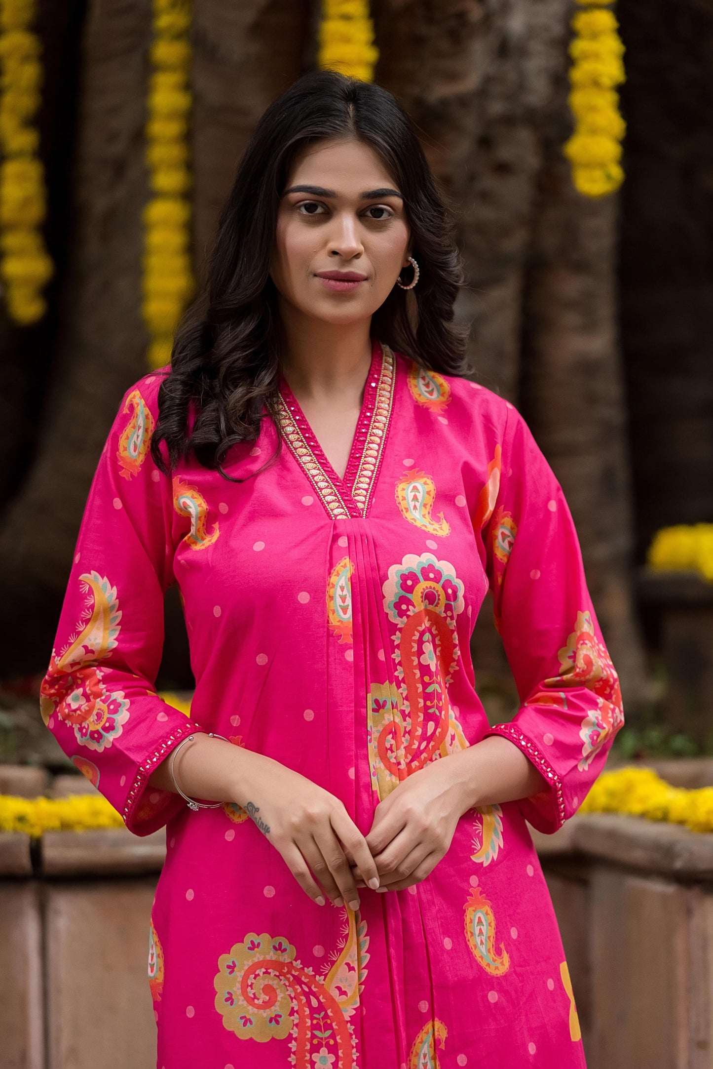 Classy pink print cotton kurta pant