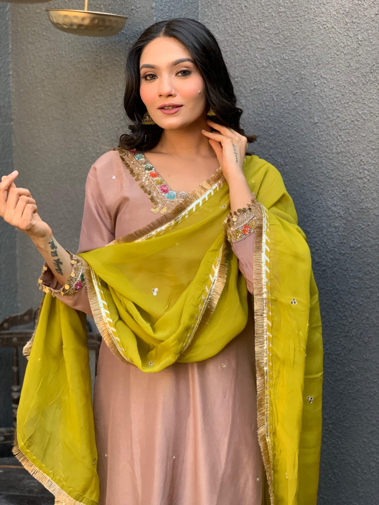 Brown square neck silk suit