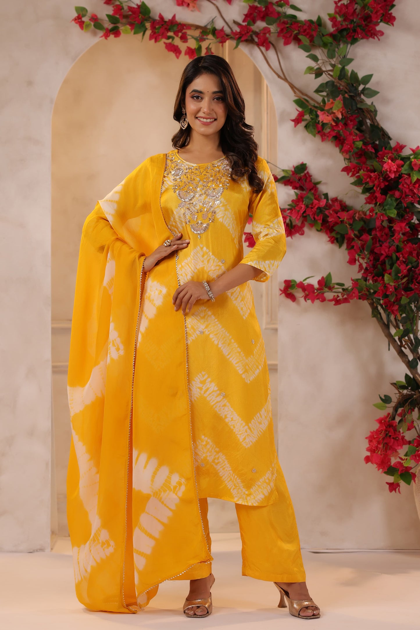 Yellow lehriya silk suit