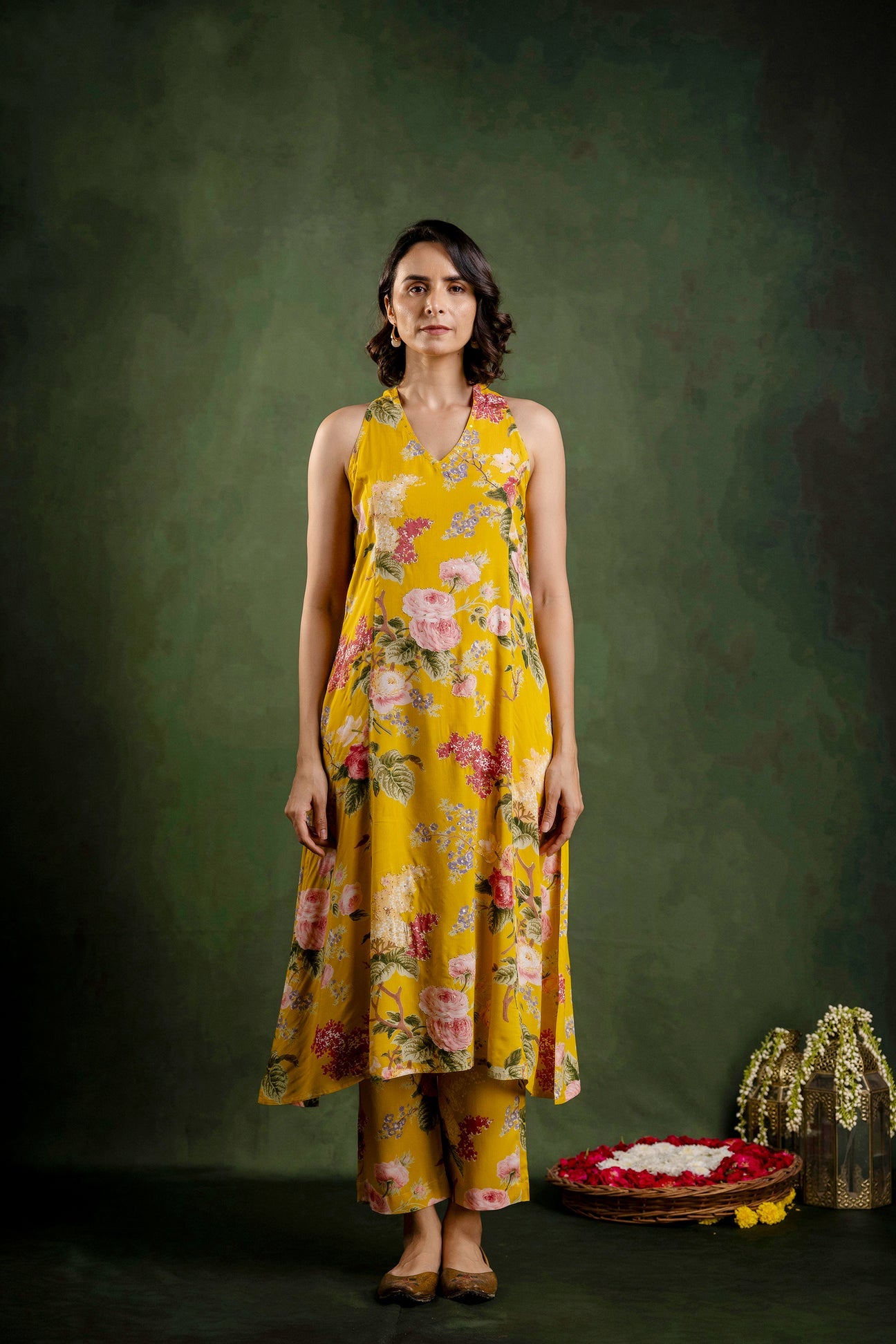 Mustard Printed Modal Embroidered Co-Ord Set