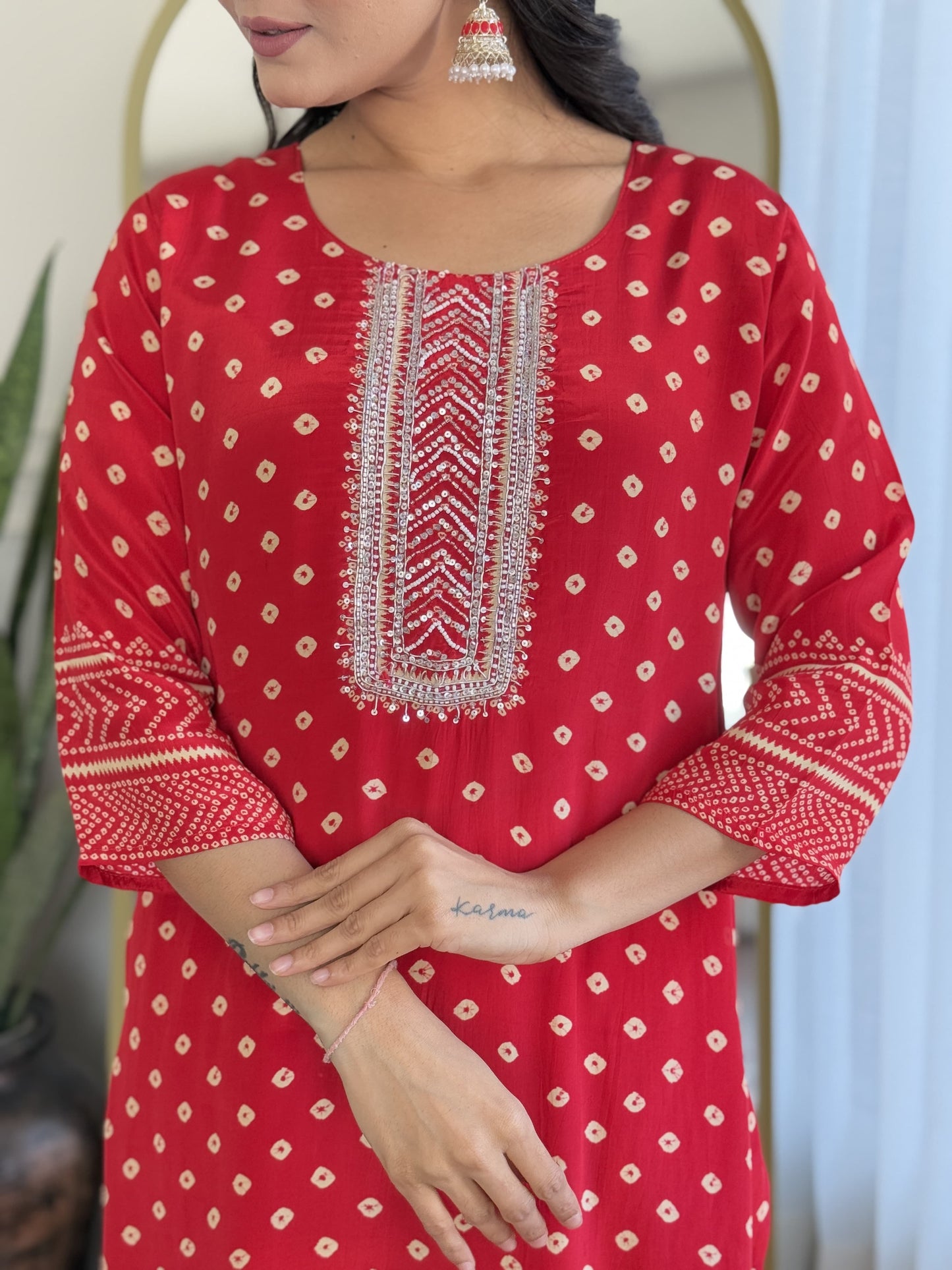 Red Bandhani crepe suit