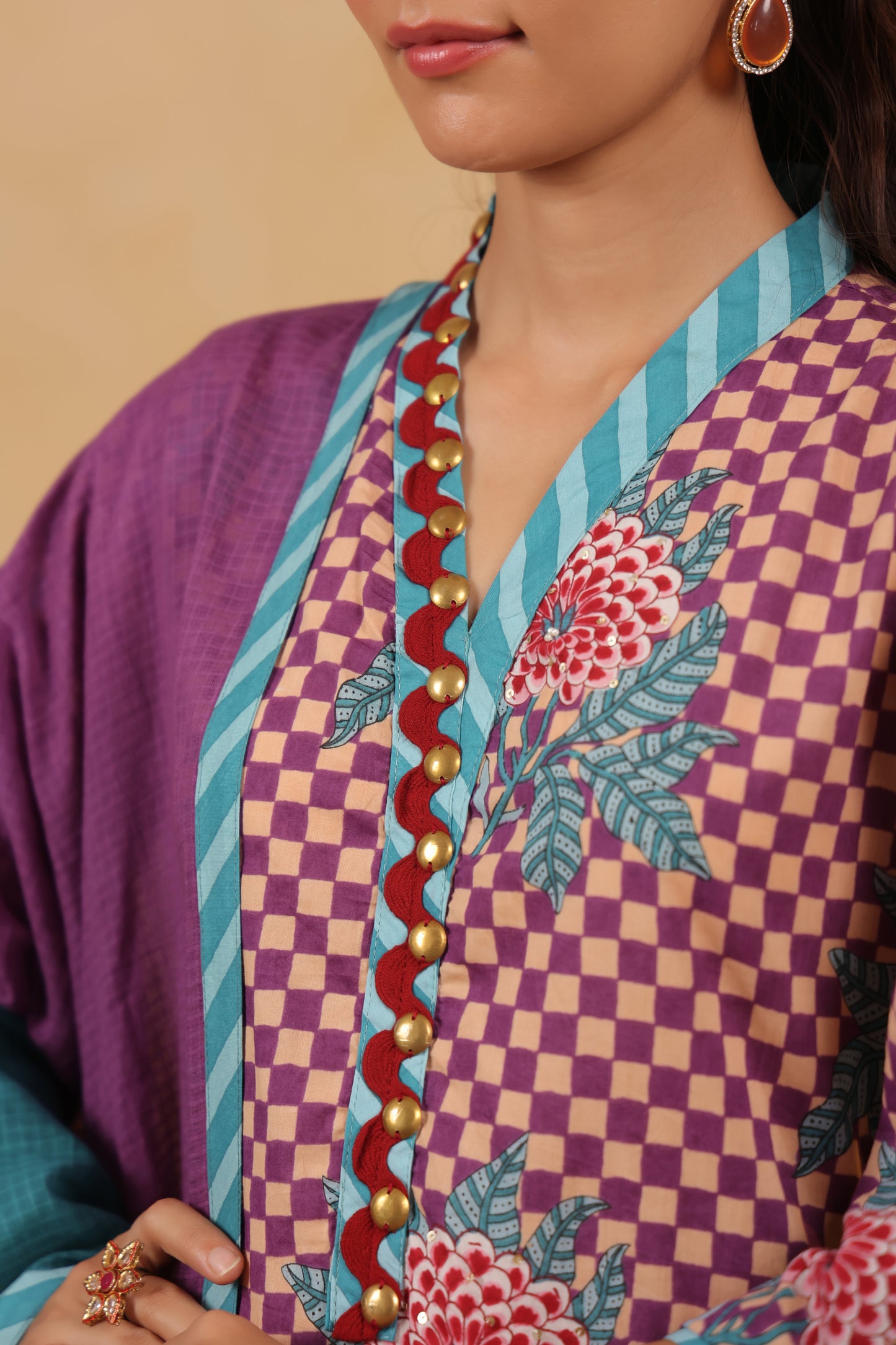 Gomertical cotton premium suit with beautiful detailing & kota doria dupatta