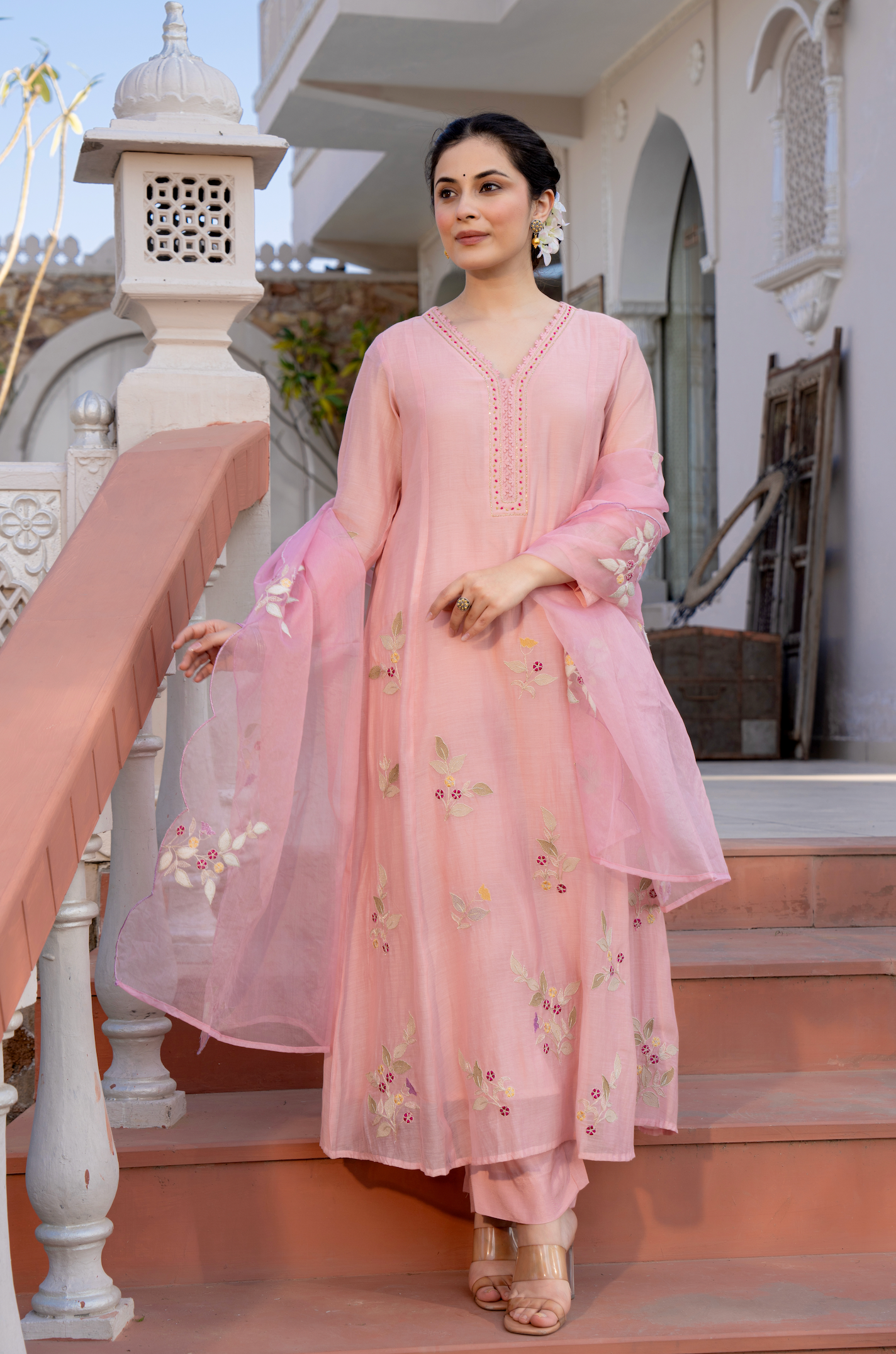 Onion pink Mul Chanderi embroidered Aline Kurti with pants and dupatt