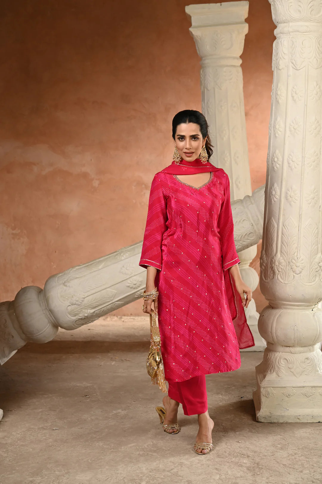 Bandhani pink/yellow crepe suit