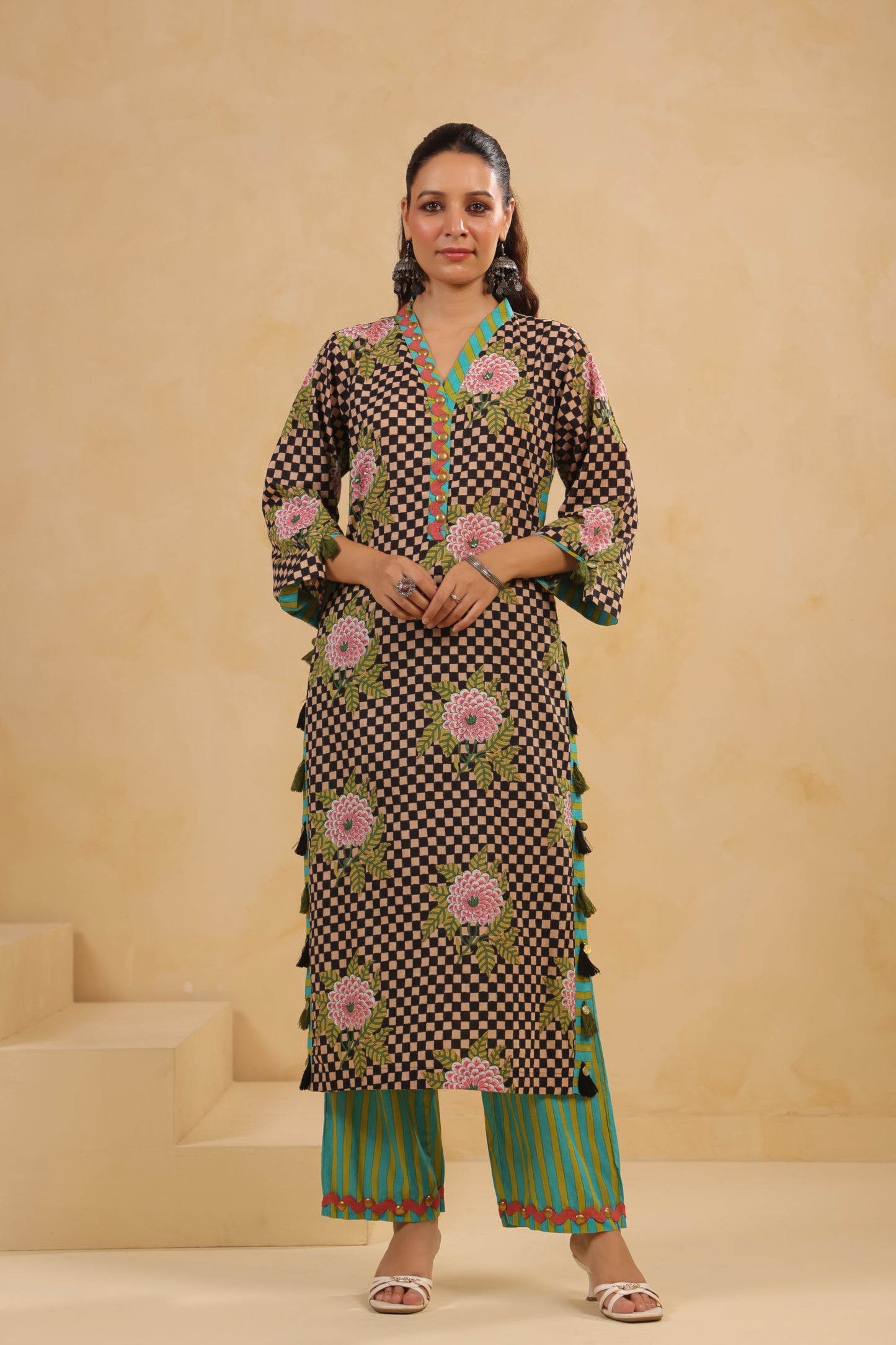Black Gomertical cotton premium suit with beautiful detailing & kota doria dupatta