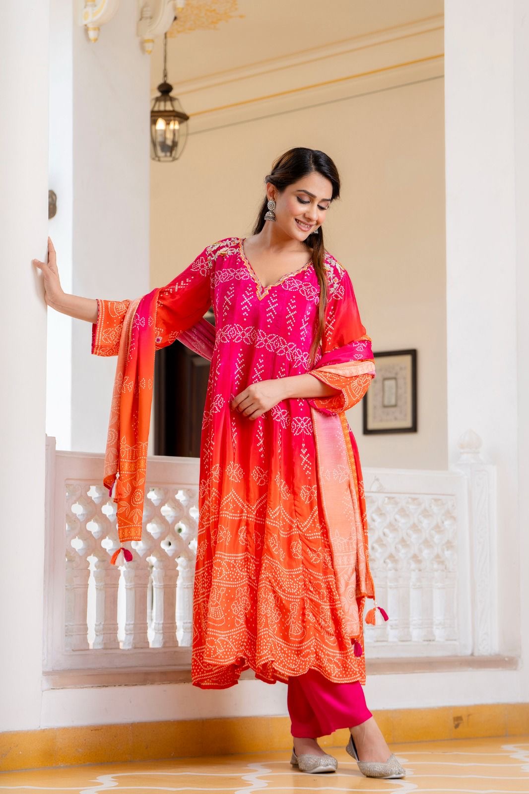 Pink orange Bandhani crepe Aline suit