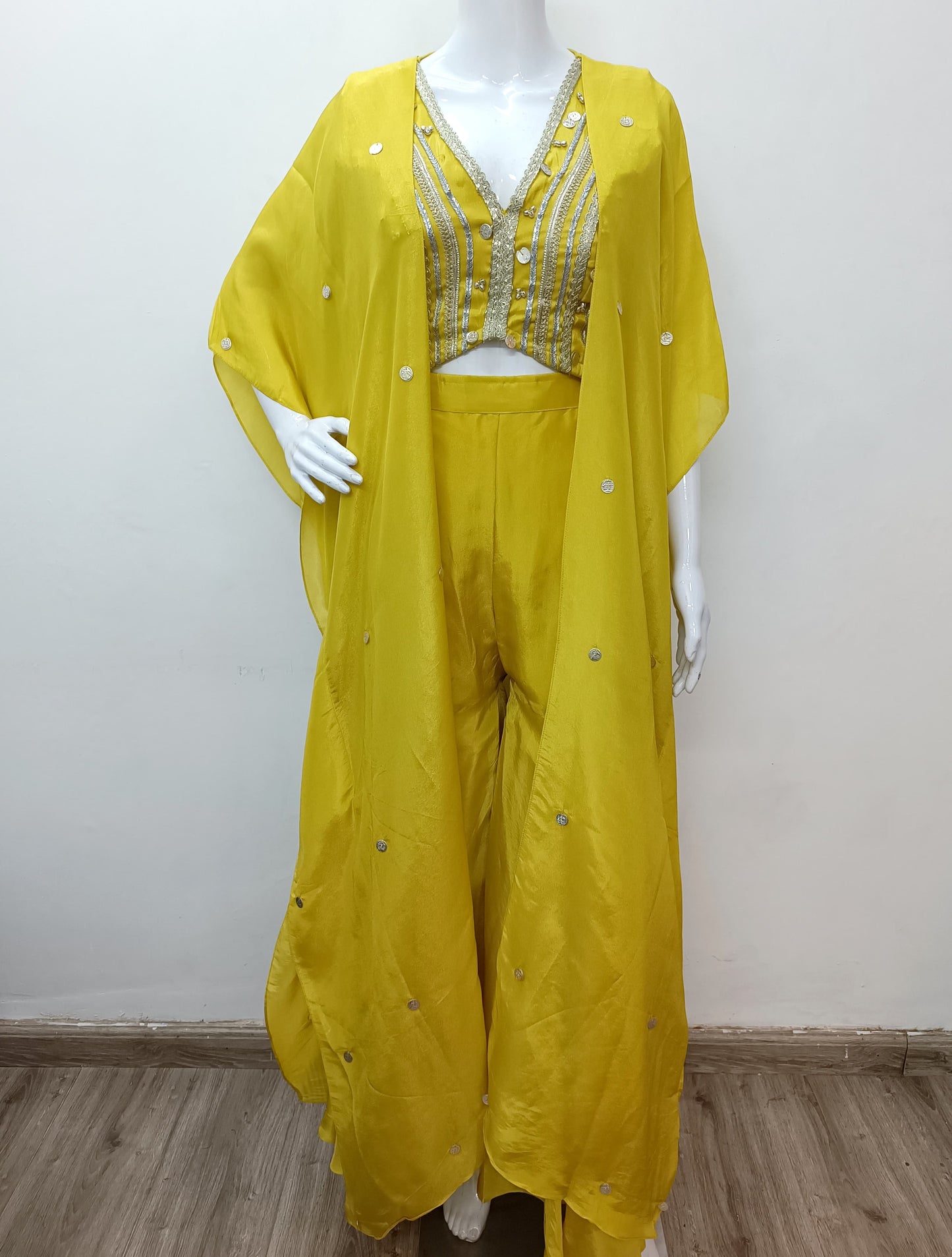 Yellow Tissue Indo western desiber blouse with cape & sharara