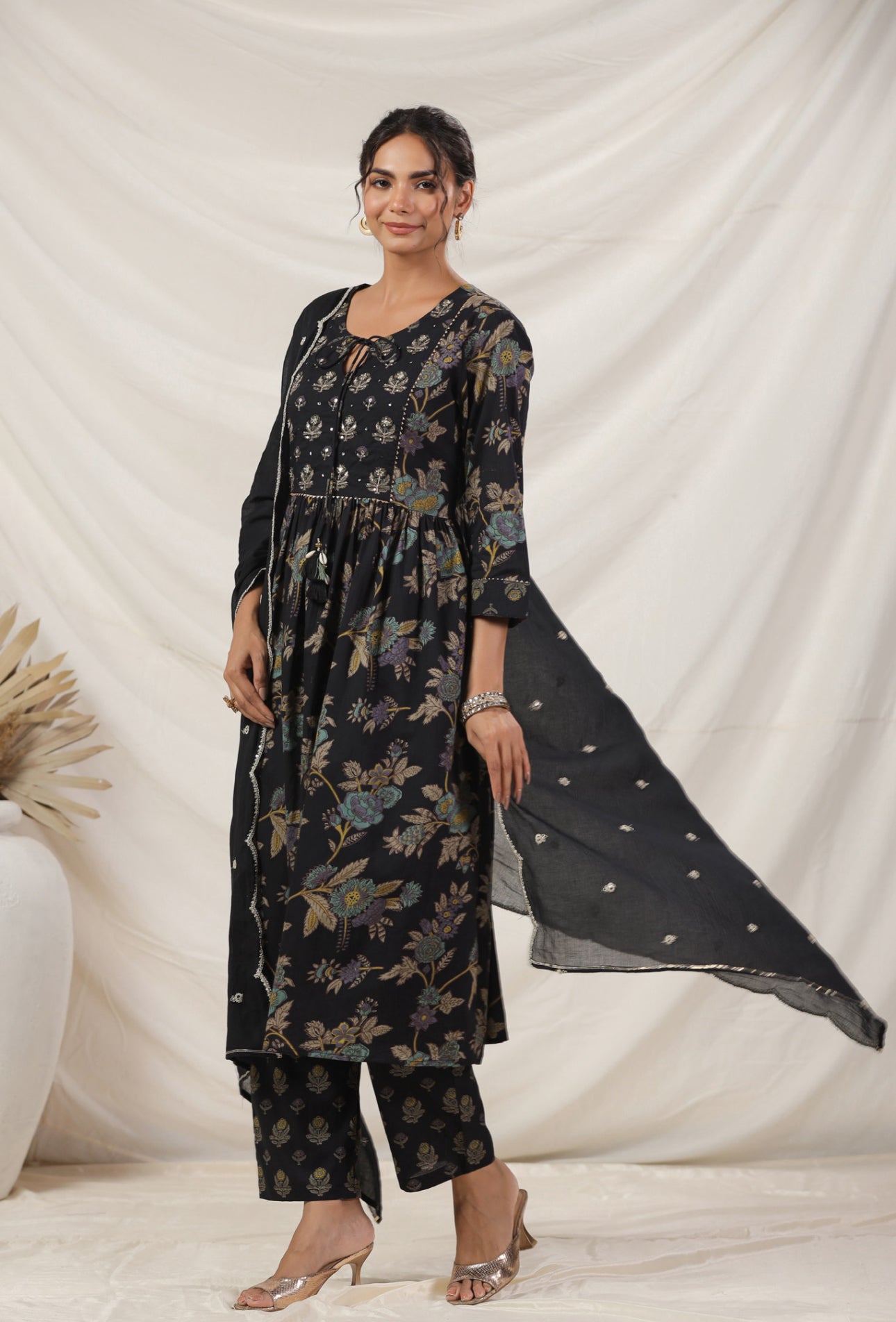 Black floral hand black cotton