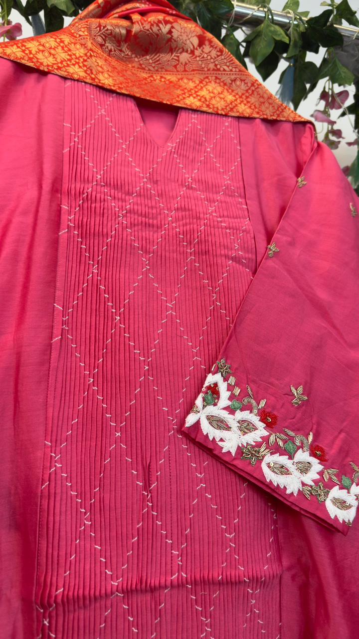 Premium ethnic chandari silk with pure banaras Dupatta