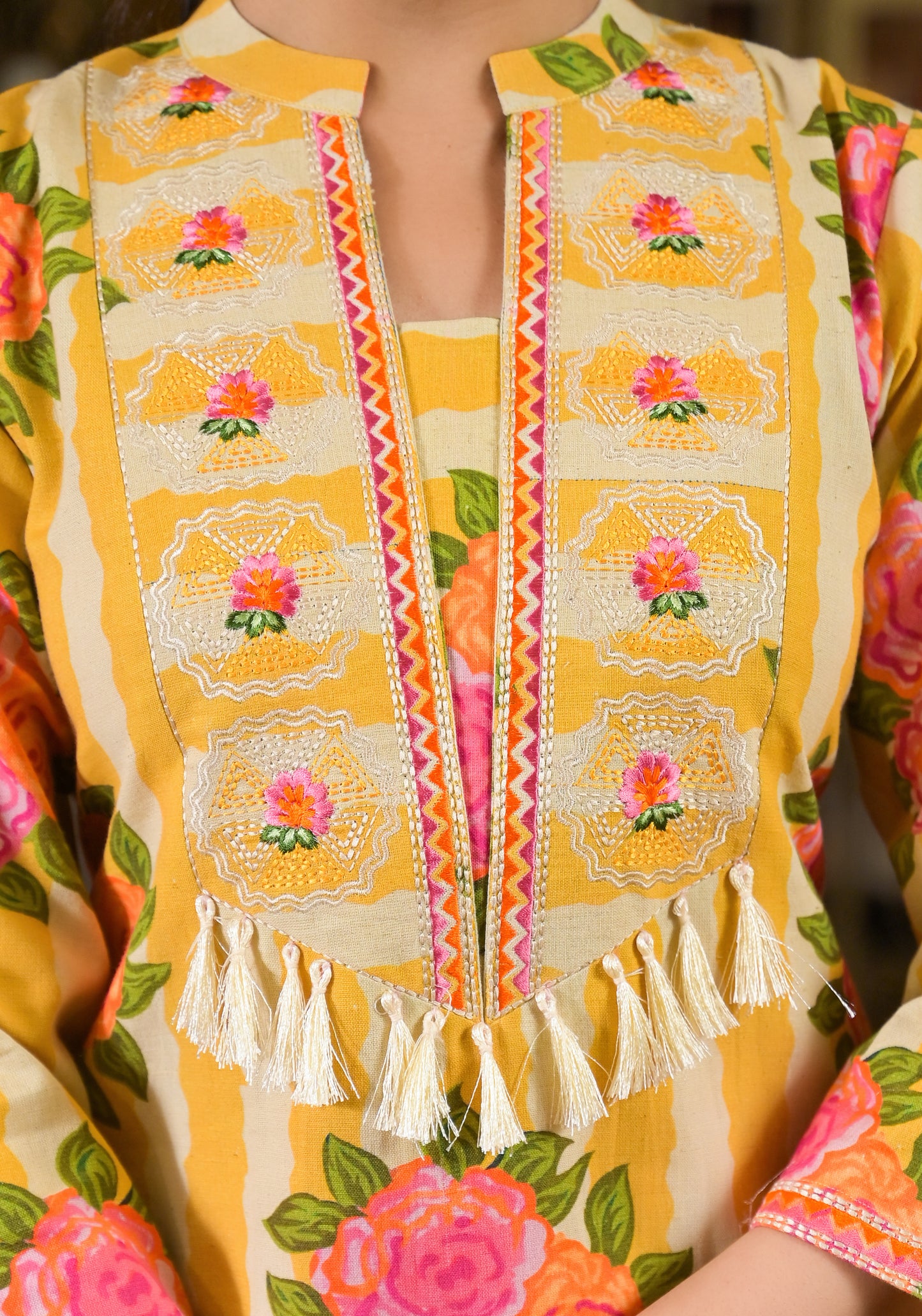 Stripe yellow floral kurta pant