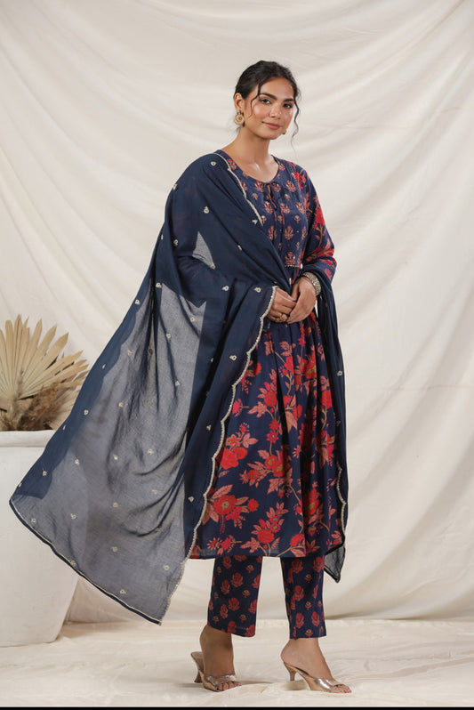 Blue floral hand block cotton