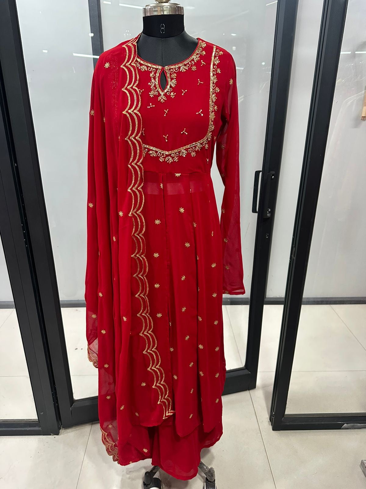 Red Royal Zardosi U-Yoke Front Slitted Anarkali Full Suit Set With Dupatta & Loose Palazzo Bottom In Georgette Fabric