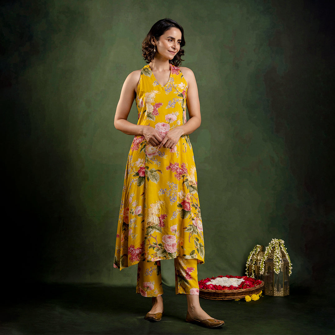 Mustard Printed Modal Embroidered Co-Ord Set