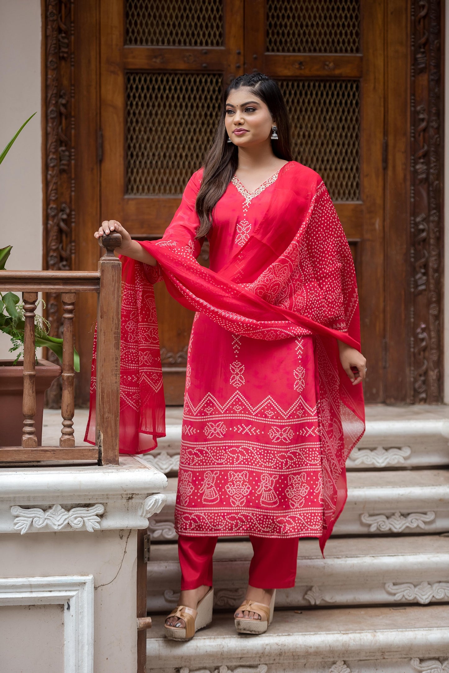 Red Bandhani pure crepe suit